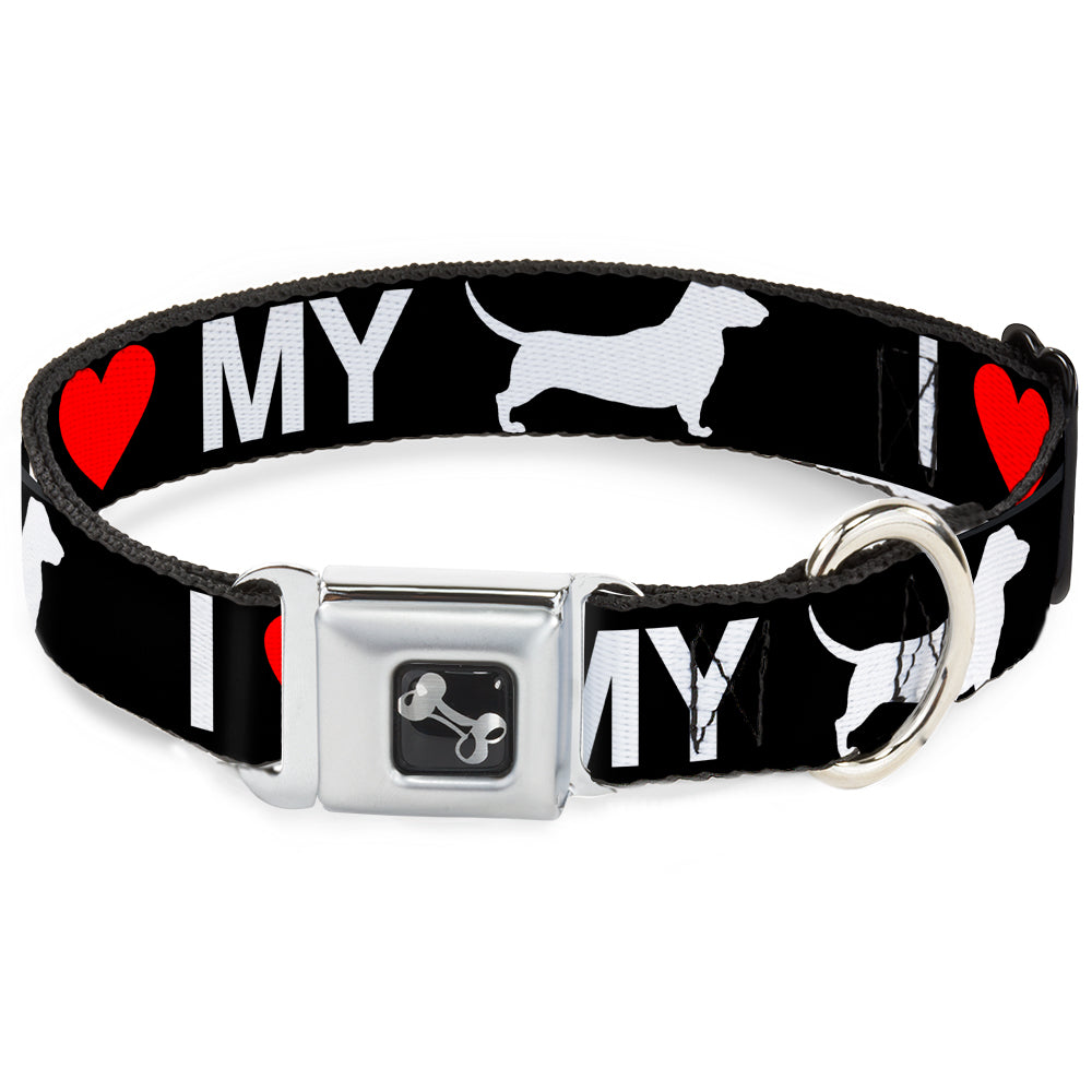 Dog Bone Seatbelt Buckle Collar - I "HEART" MY "WIENER" Dog Silhouette Black/White/Red Seatbelt Buckle Collars Buckle-Down