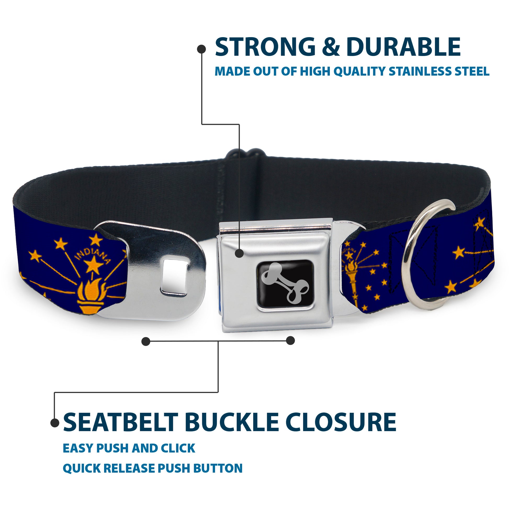 Dog Bone Black/Silver Seatbelt Buckle Collar - Indiana Flag/Torch CLOSE-UP Navy Blue/Gold Seatbelt Buckle Collars Buckle-Down