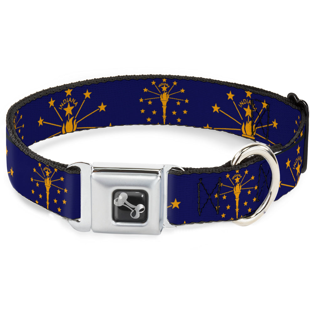 Dog Bone Black/Silver Seatbelt Buckle Collar - Indiana Flag/Torch CLOSE-UP Navy Blue/Gold Seatbelt Buckle Collars Buckle-Down