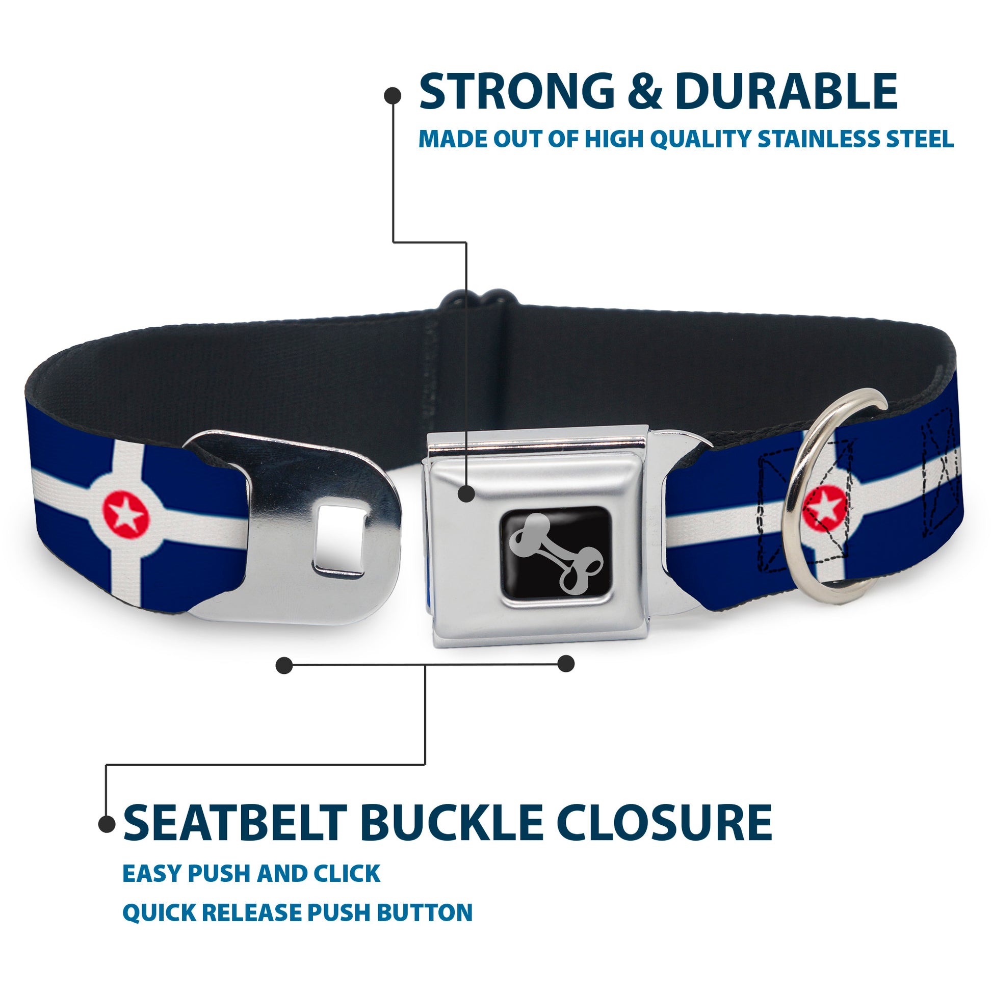 Dog Bone Black/Silver Seatbelt Buckle Collar - Indianapolis Flag Navy Blue/White/Red Seatbelt Buckle Collars Buckle-Down
