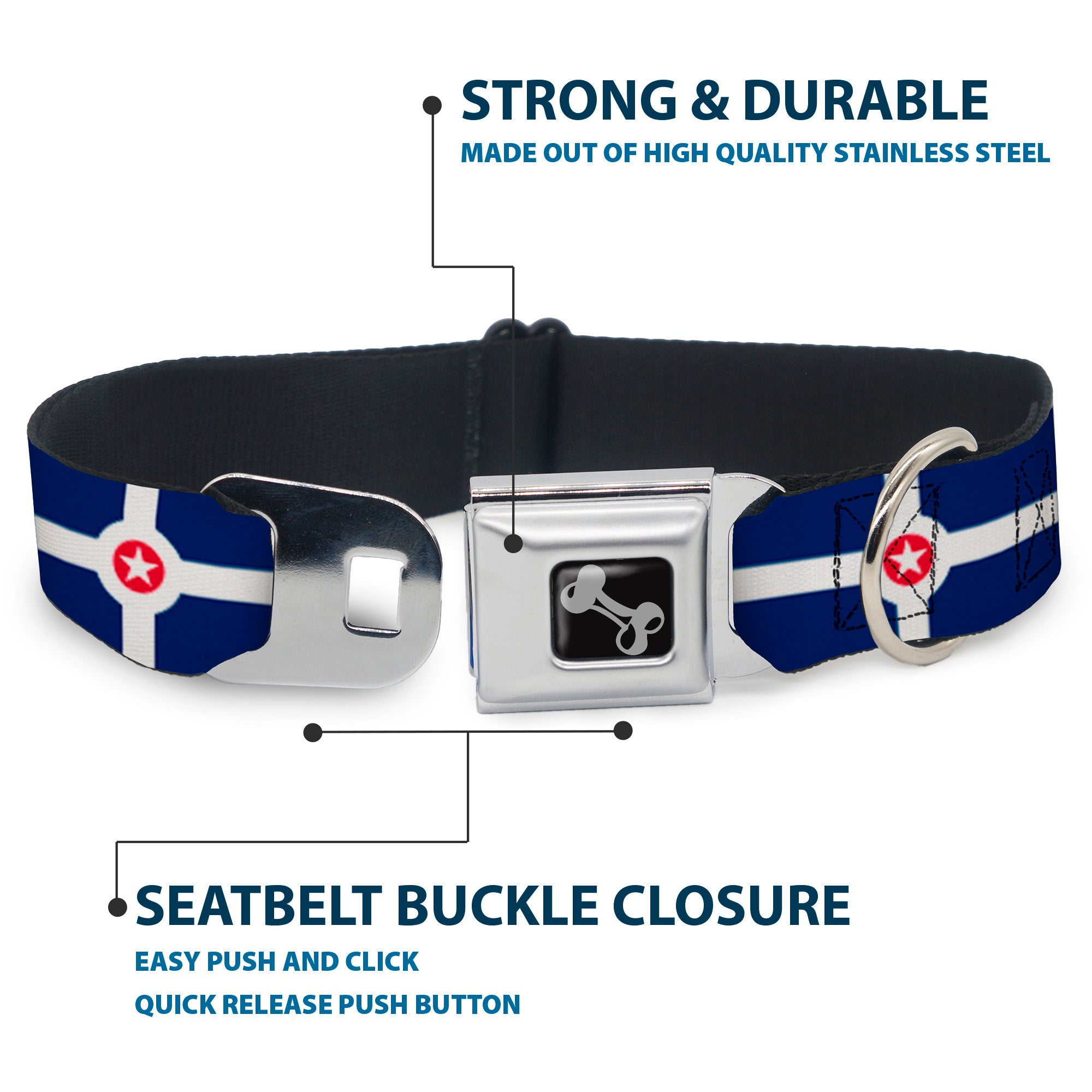 Dog Bone Black/Silver Seatbelt Buckle Collar - Indianapolis Flag Navy Blue/White/Red Seatbelt Buckle Collars Buckle-Down