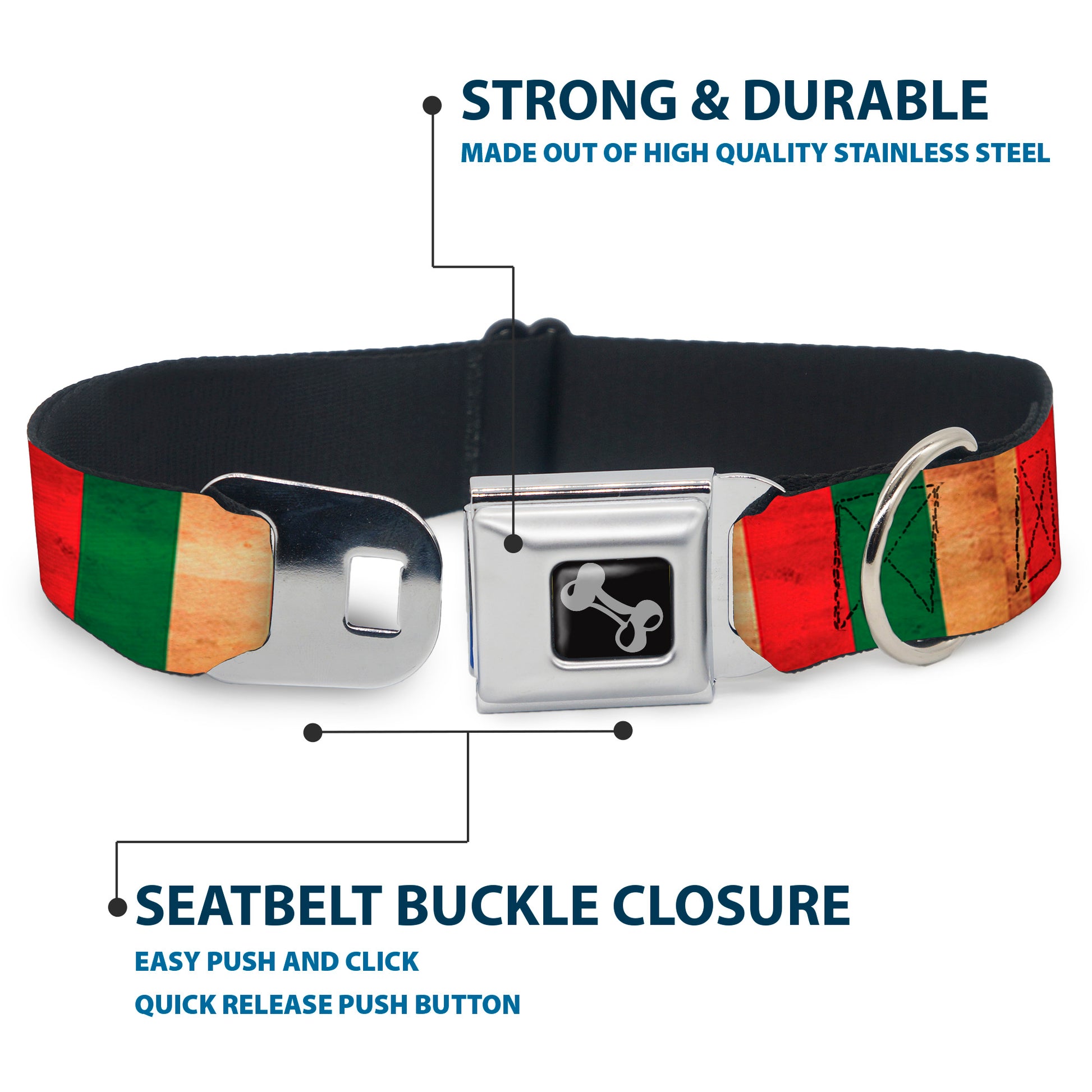 Dog Bone Black/Silver Seatbelt Buckle Collar - Italy Flag Continuous Vintage Seatbelt Buckle Collars Buckle-Down