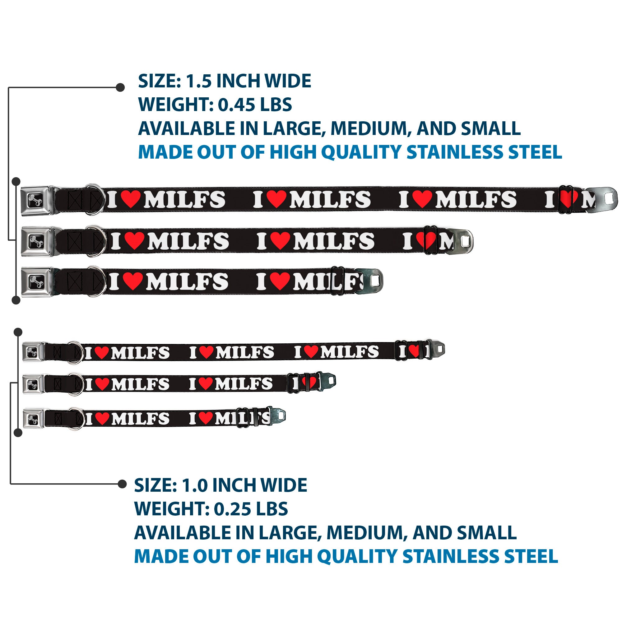 Dog Bone Black/Silver Seatbelt Buckle Collar - I "HEART" MILFS Black/White/Red Seatbelt Buckle Collars Buckle-Down