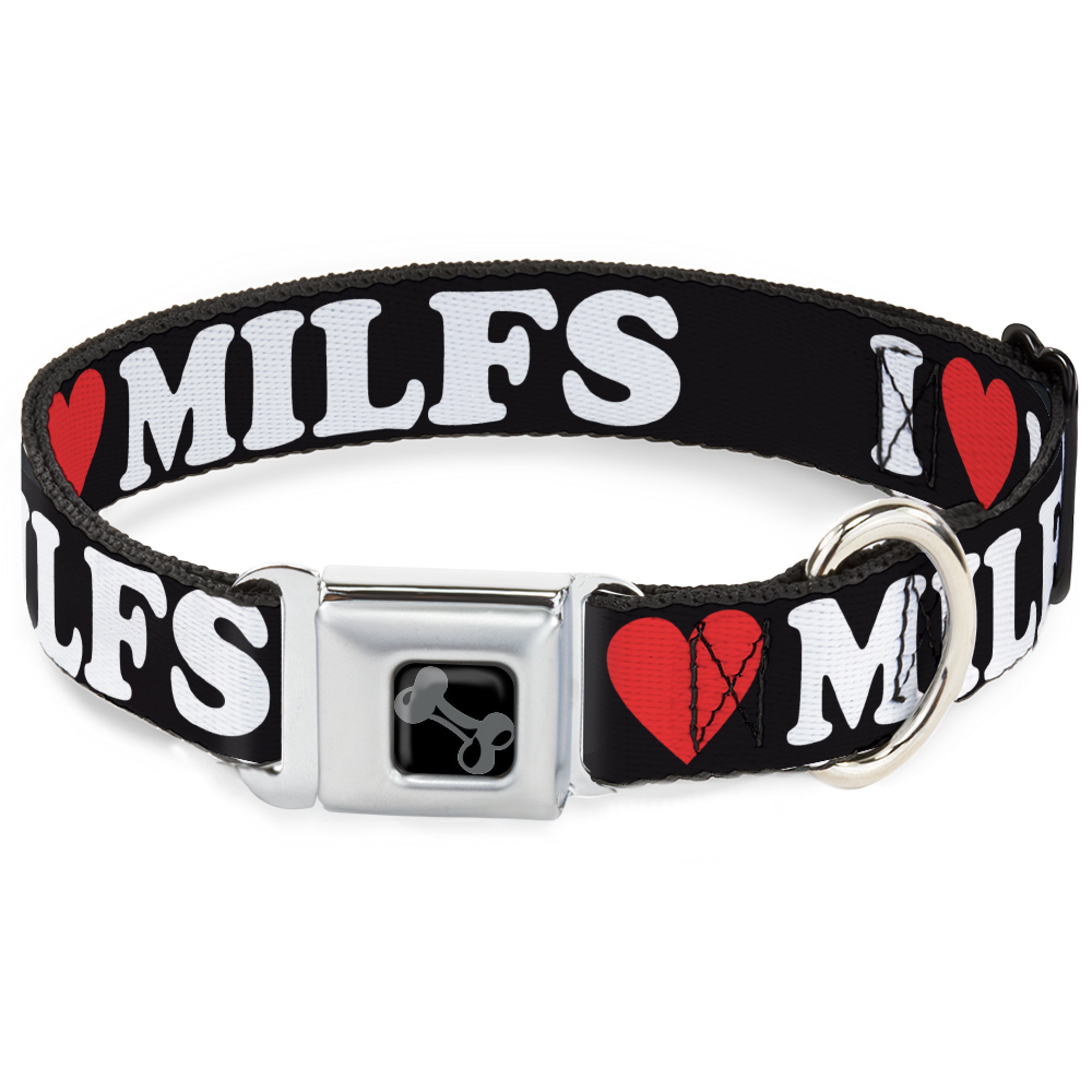 Dog Bone Black/Silver Seatbelt Buckle Collar - I "HEART" MILFS Black/White/Red Seatbelt Buckle Collars Buckle-Down