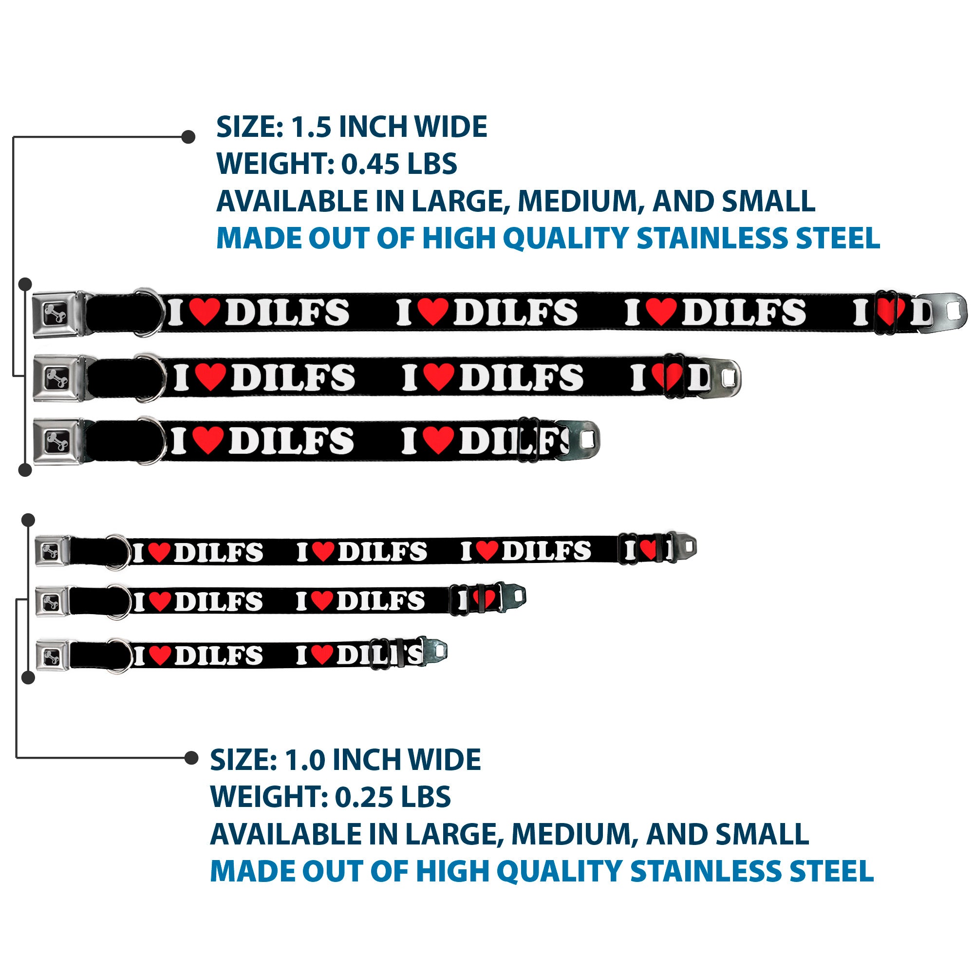 Dog Bone Black/Silver Seatbelt Buckle Collar - I "HEART" DILFS Black/White/Red Seatbelt Buckle Collars Buckle-Down