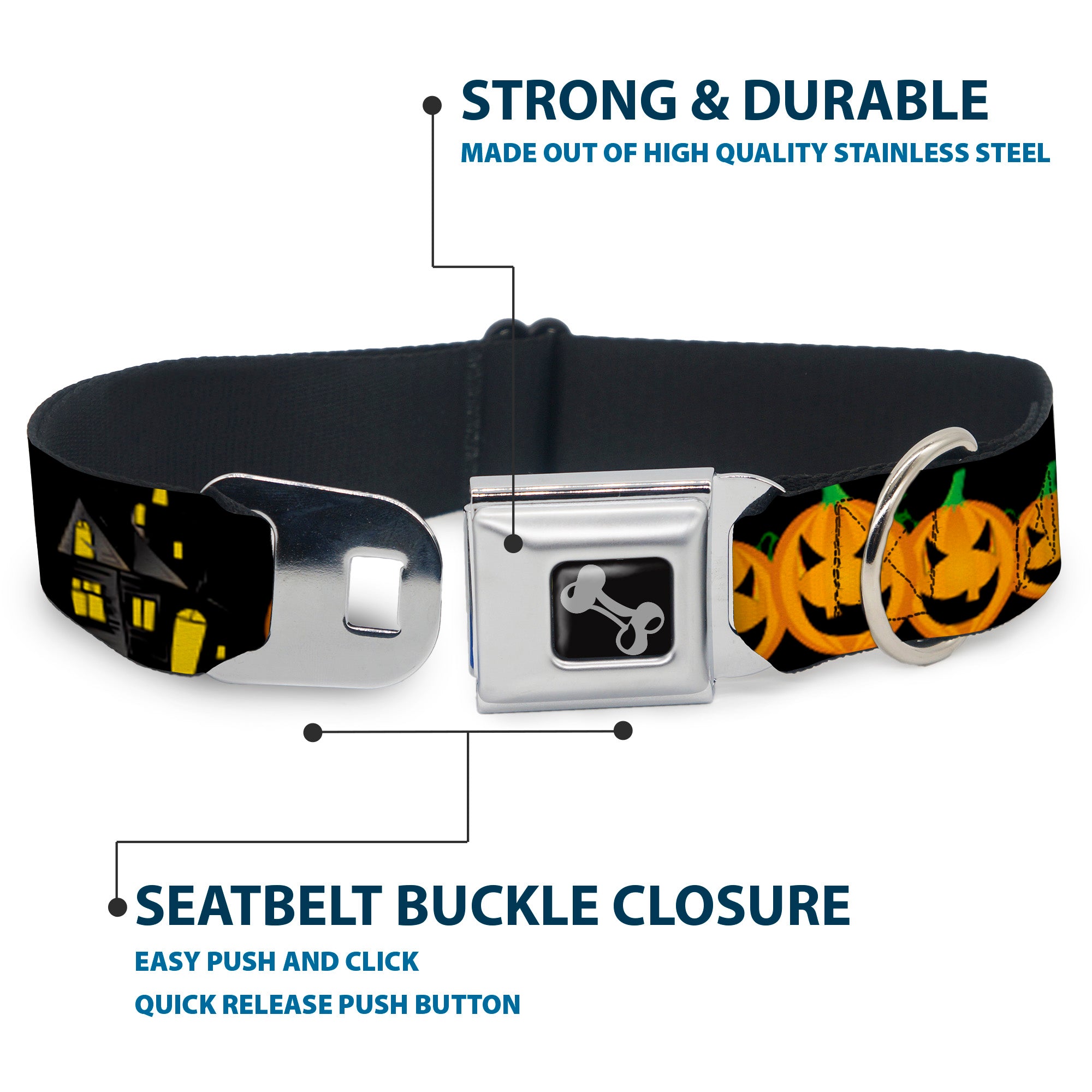 Dog Bone Seatbelt Buckle Collar - Jack-o'-Lanterns/Haunted House Black/Yellow Seatbelt Buckle Collars Buckle-Down