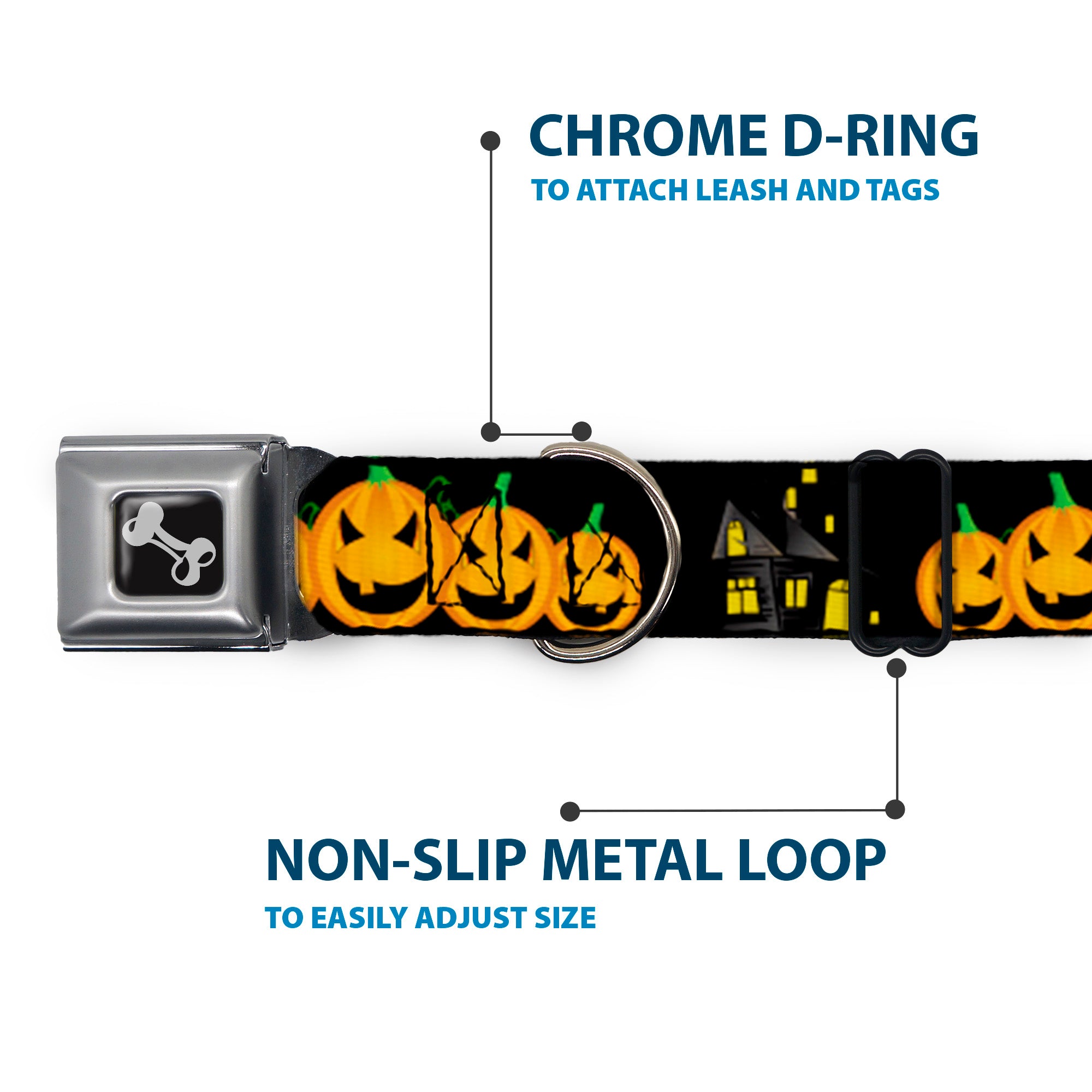 Dog Bone Seatbelt Buckle Collar - Jack-o'-Lanterns/Haunted House Black/Yellow Seatbelt Buckle Collars Buckle-Down