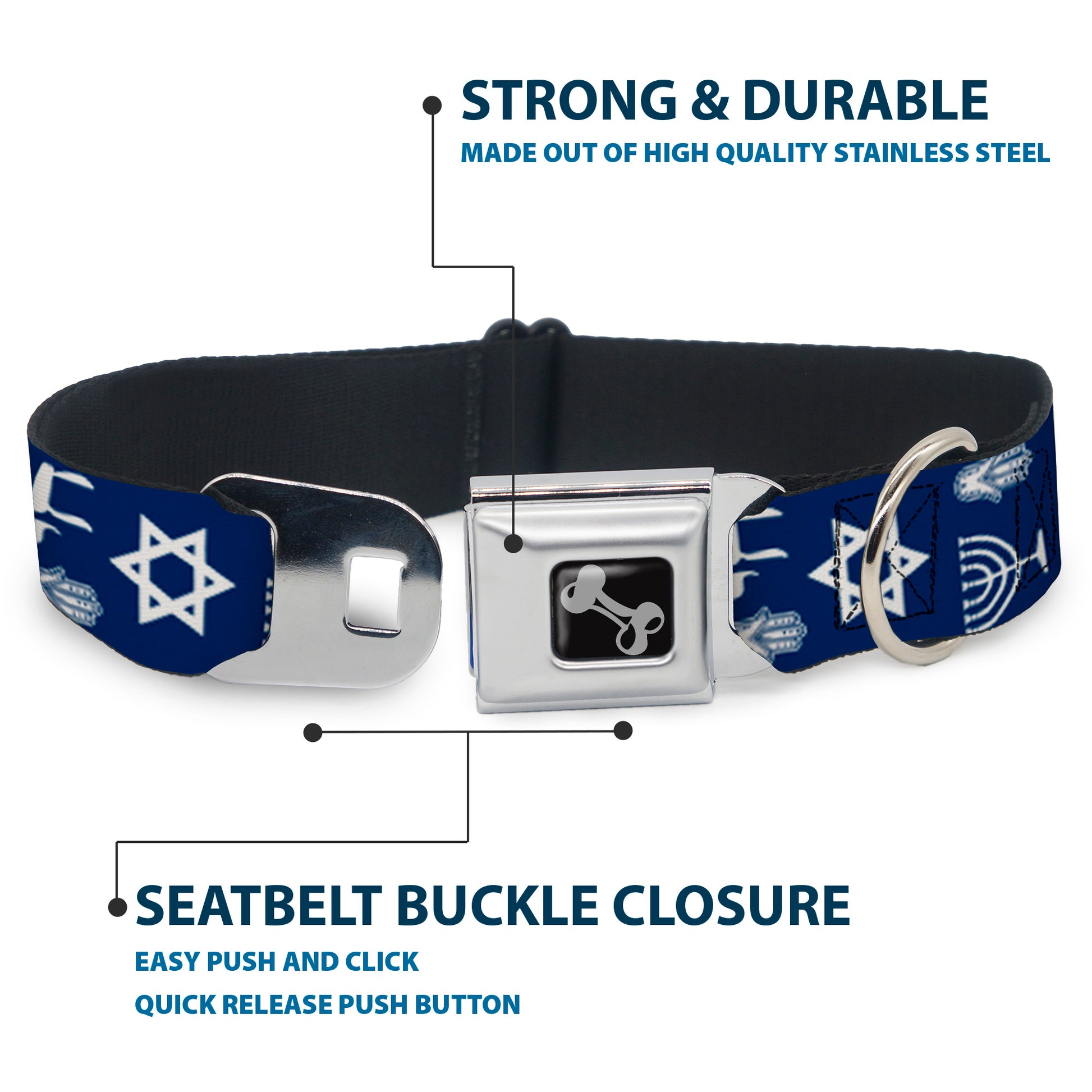 Dog Bone Seatbelt Buckle Collar - Jewish Symbols-4 Blue/White Seatbelt Buckle Collars Buckle-Down