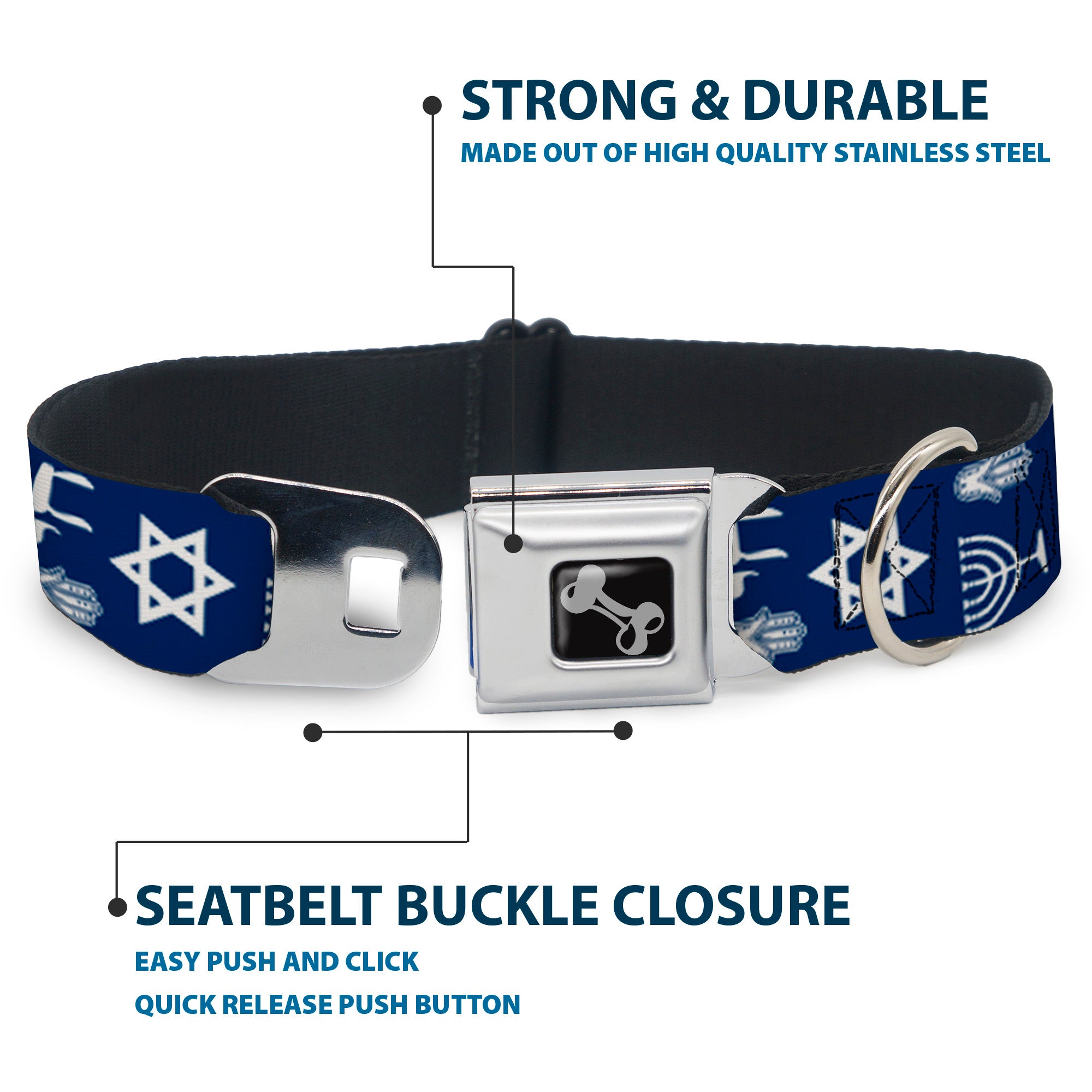 Dog Bone Seatbelt Buckle Collar - Jewish Symbols-4 Blue/White Seatbelt Buckle Collars Buckle-Down