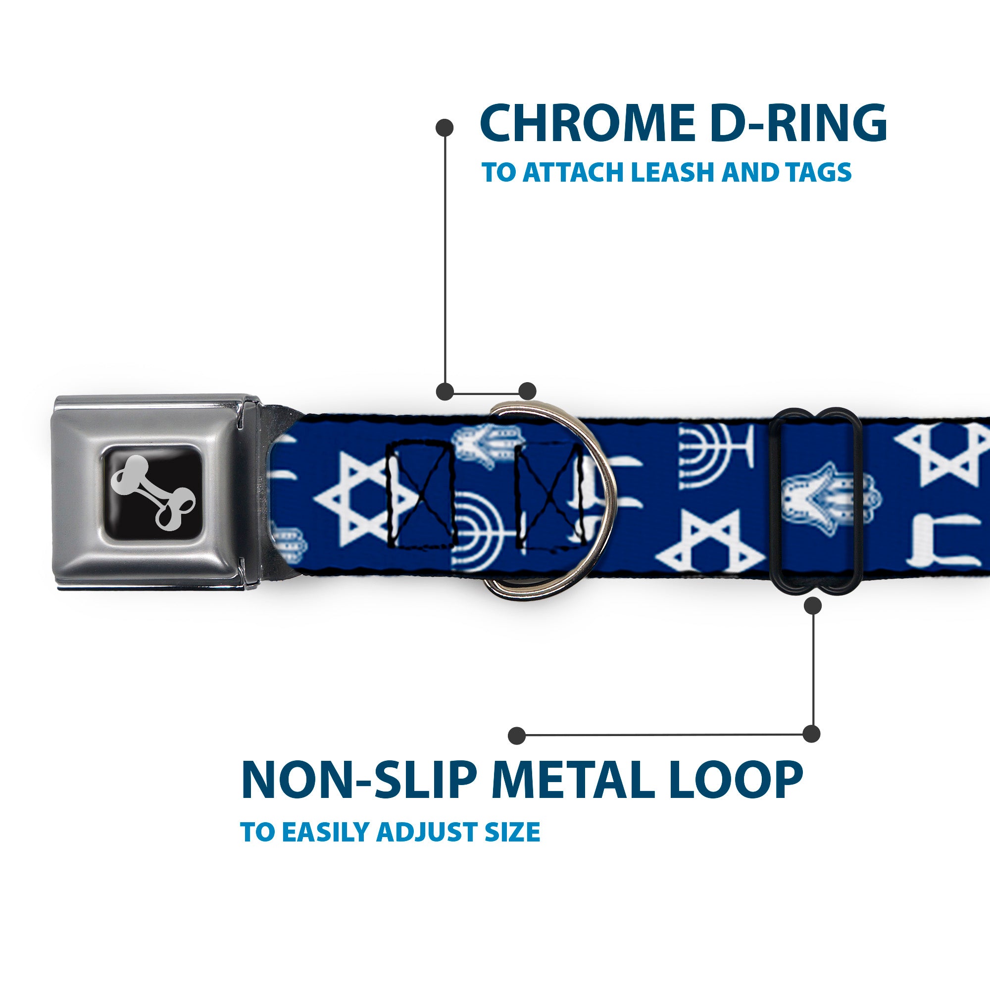 Dog Bone Seatbelt Buckle Collar - Jewish Symbols-4 Blue/White Seatbelt Buckle Collars Buckle-Down