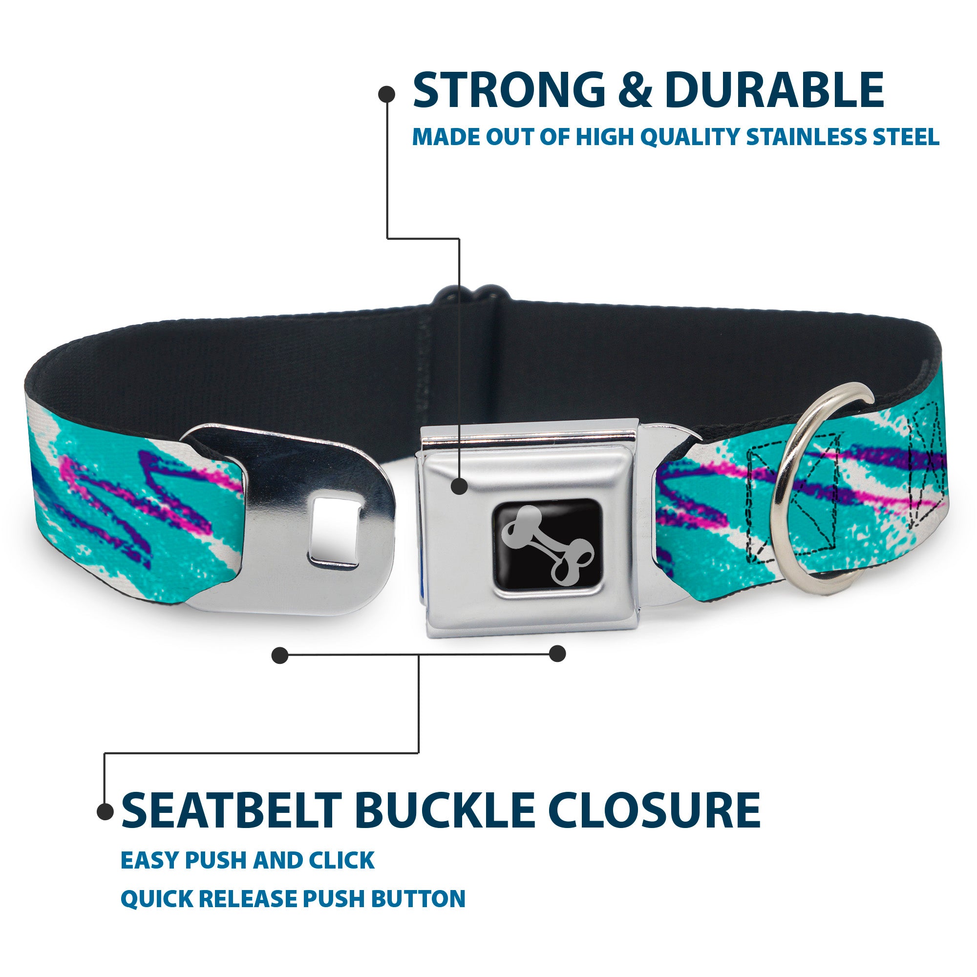 Dog Bone Black/Silver Seatbelt Buckle Collar - Jazzy Wave Scribble White/Teal/Purple Seatbelt Buckle Collars Buckle-Down