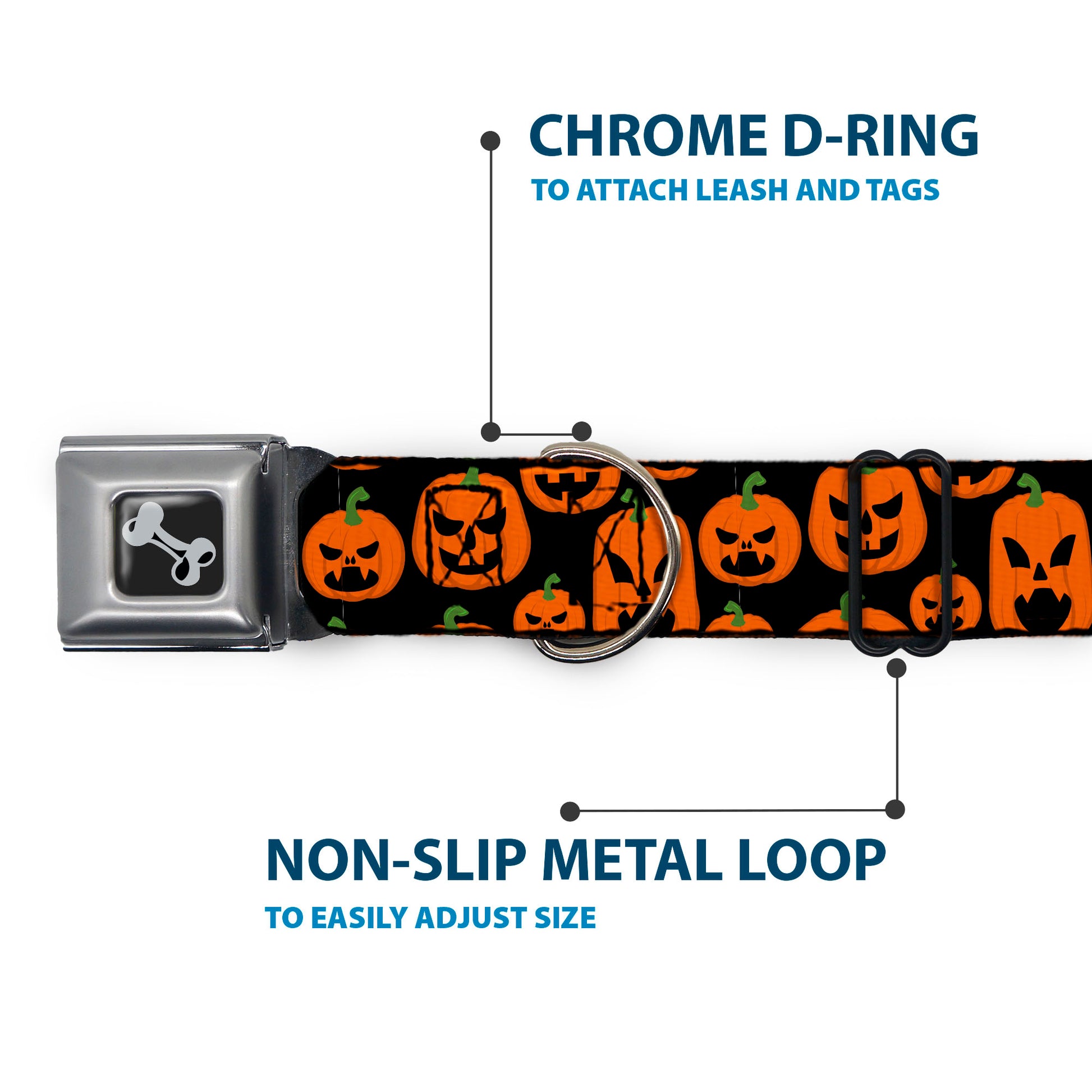 Dog Bone Black/Silver Seatbelt Buckle Collar - Jack-o'-Lantern Pumpkin Expressions Black/Orange Seatbelt Buckle Collars Buckle-Down