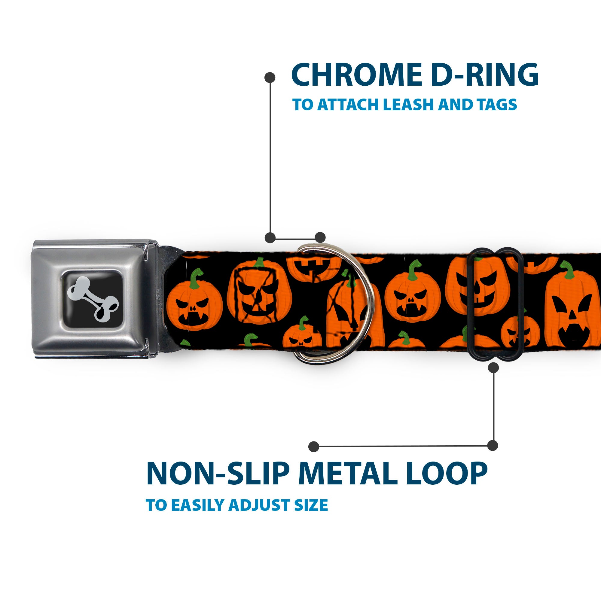 Dog Bone Black/Silver Seatbelt Buckle Collar - Jack-o'-Lantern Pumpkin Expressions Black/Orange Seatbelt Buckle Collars Buckle-Down