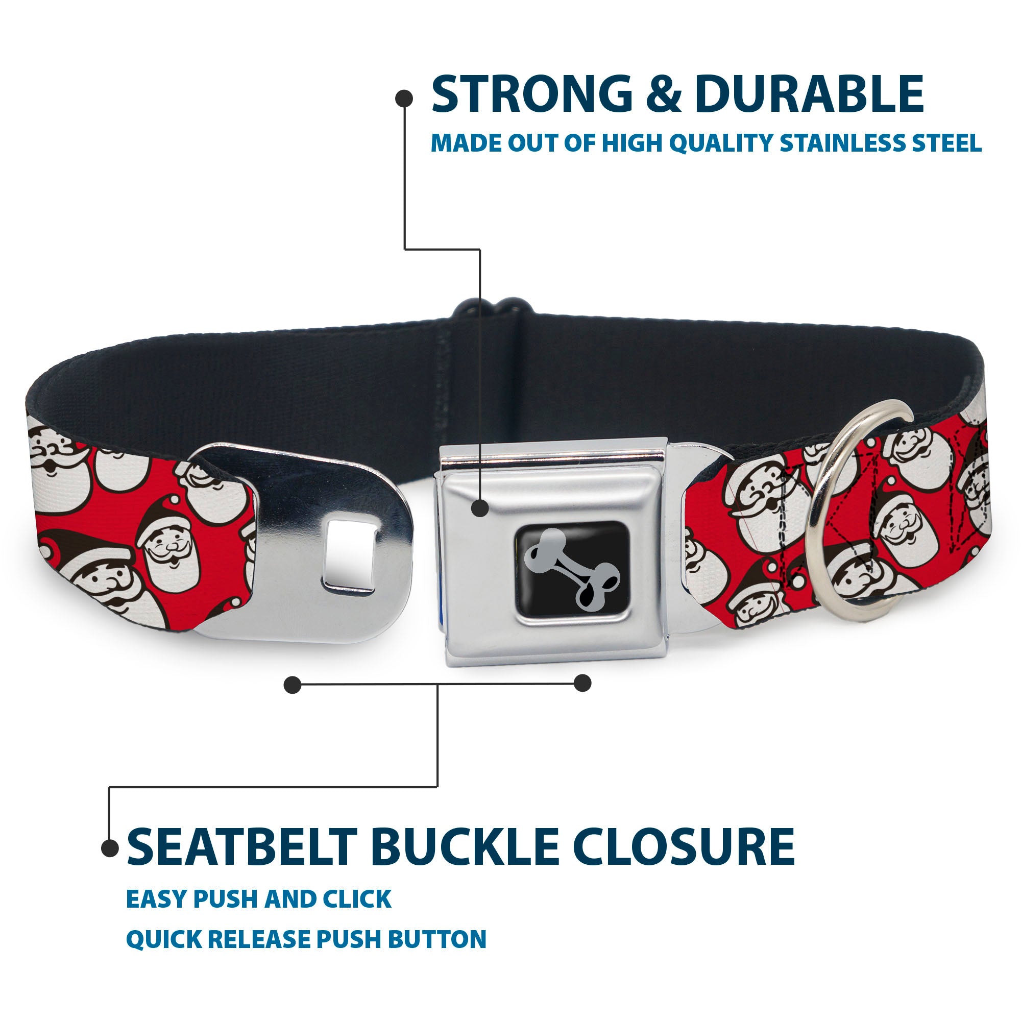 Dog Bone Black/Silver Seatbelt Buckle Collar - Jolly Santa Claus Christmas Smiling Face Icon Red Seatbelt Buckle Collars Buckle-Down