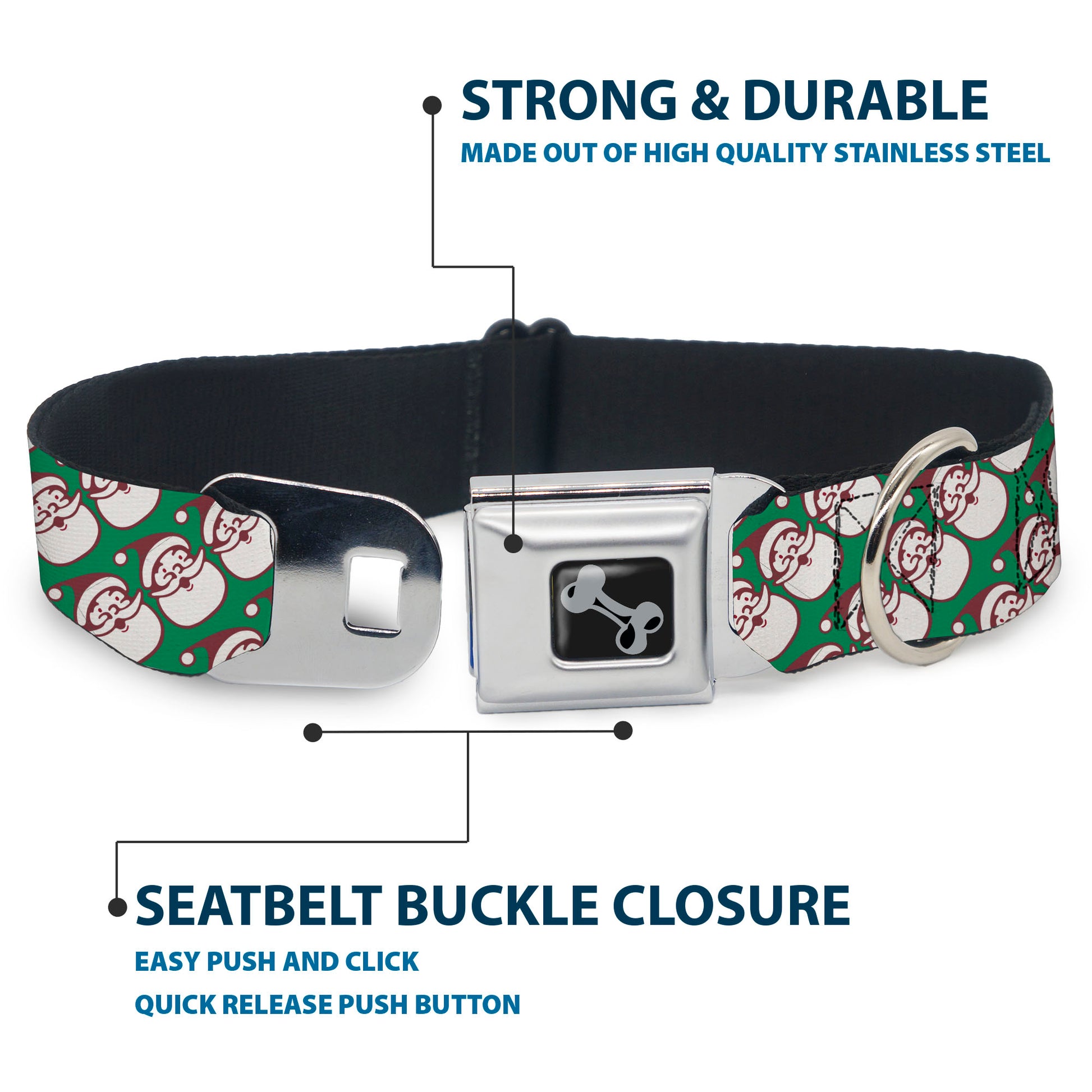 Dog Bone Black/Silver Seatbelt Buckle Collar - Jolly Santa Claus Christmas Smiling Face Icon Green/Red/White Seatbelt Buckle Collars Buckle-Down