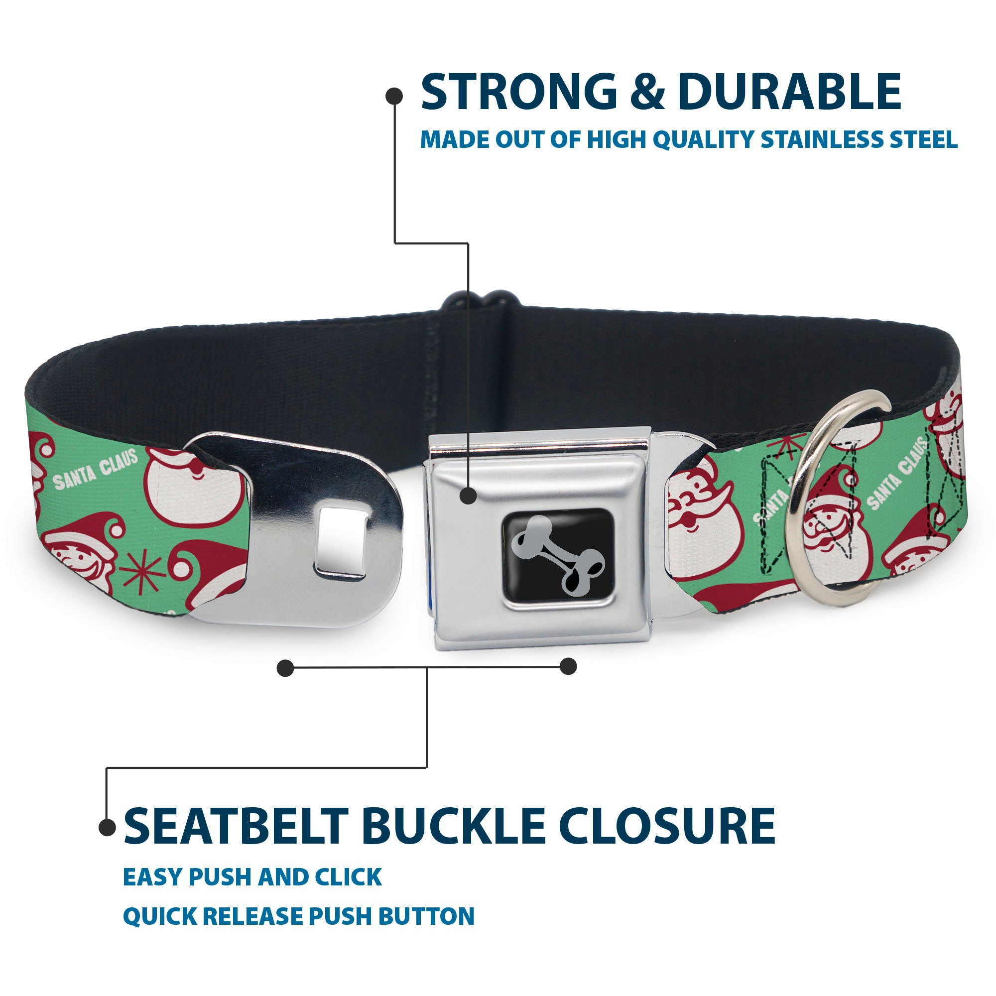 Dog Bone Black/Silver Seatbelt Buckle Collar - Jolly SANTA CLAUS Christmas Smiling Face Icon and Text Green/Red/White Seatbelt Buckle Collars Buckle-Down