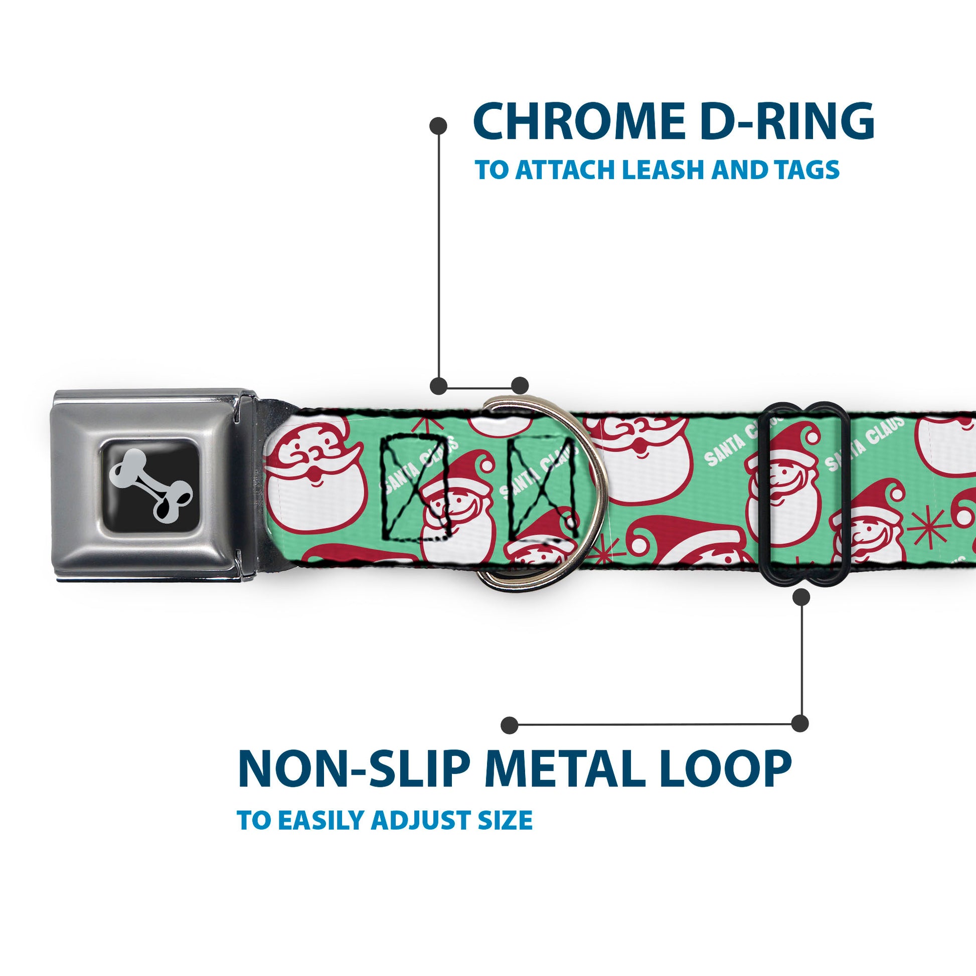Dog Bone Black/Silver Seatbelt Buckle Collar - Jolly SANTA CLAUS Christmas Smiling Face Icon and Text Green/Red/White Seatbelt Buckle Collars Buckle-Down