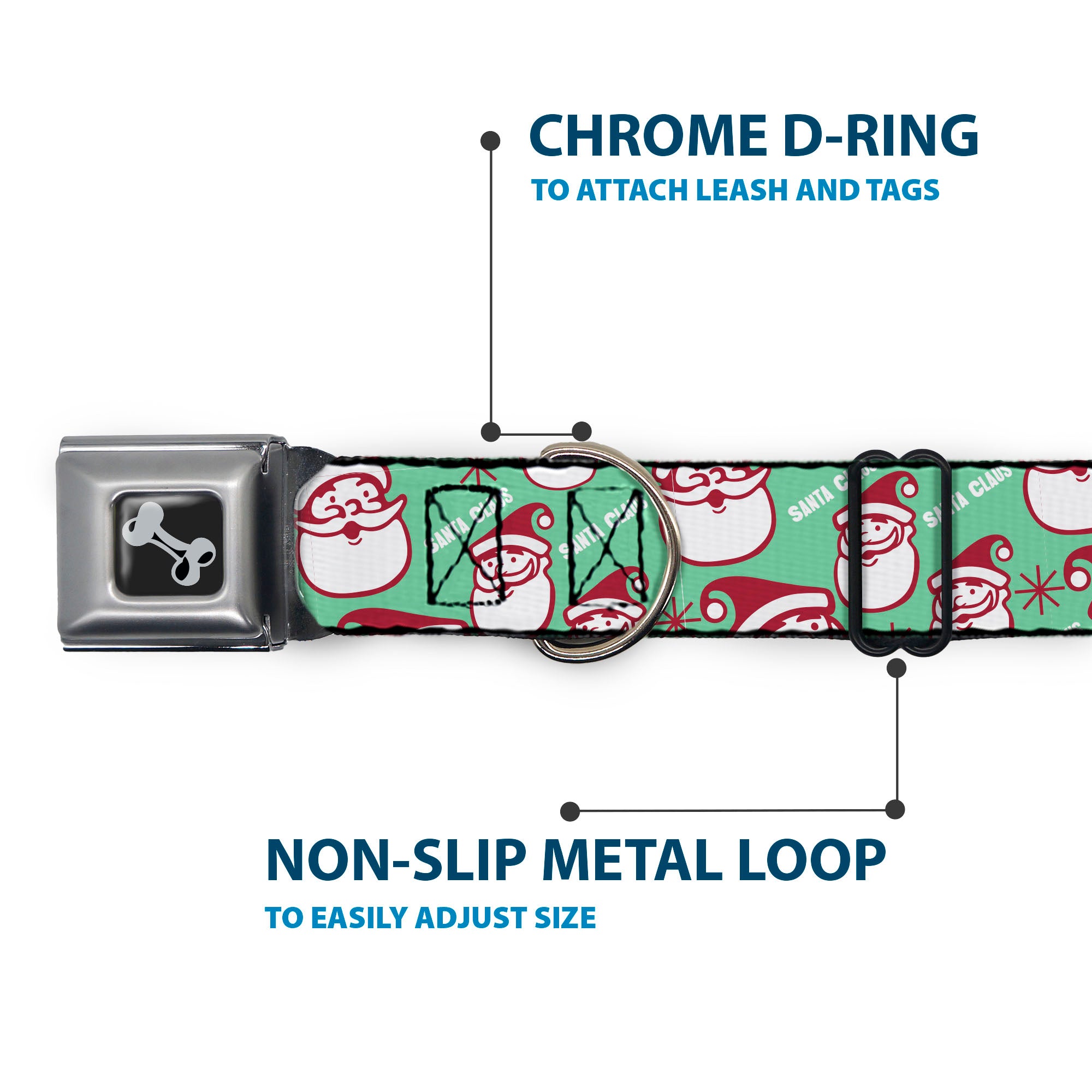 Dog Bone Black/Silver Seatbelt Buckle Collar - Jolly SANTA CLAUS Christmas Smiling Face Icon and Text Green/Red/White Seatbelt Buckle Collars Buckle-Down