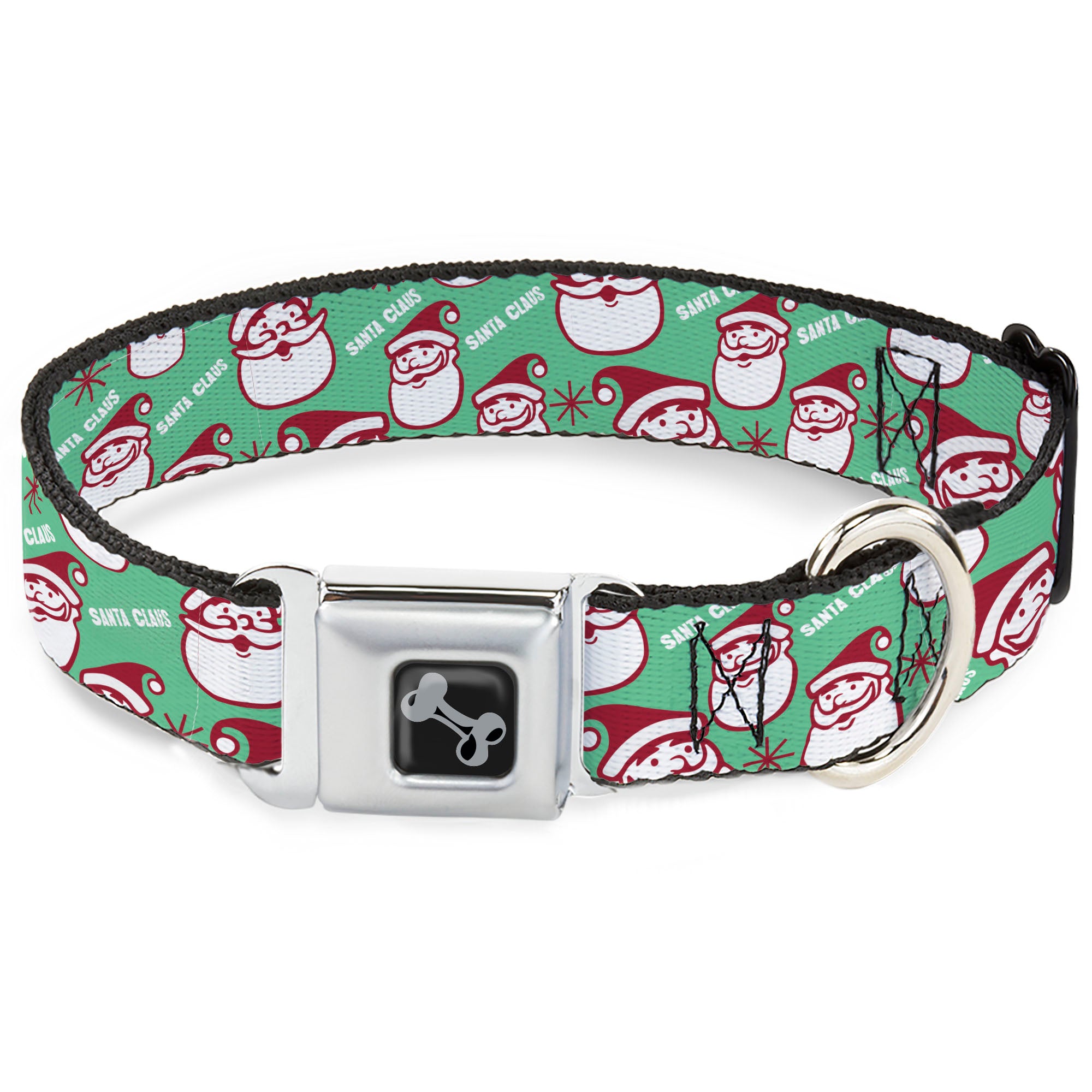 Dog Bone Black/Silver Seatbelt Buckle Collar - Jolly SANTA CLAUS Christmas Smiling Face Icon and Text Green/Red/White Seatbelt Buckle Collars Buckle-Down