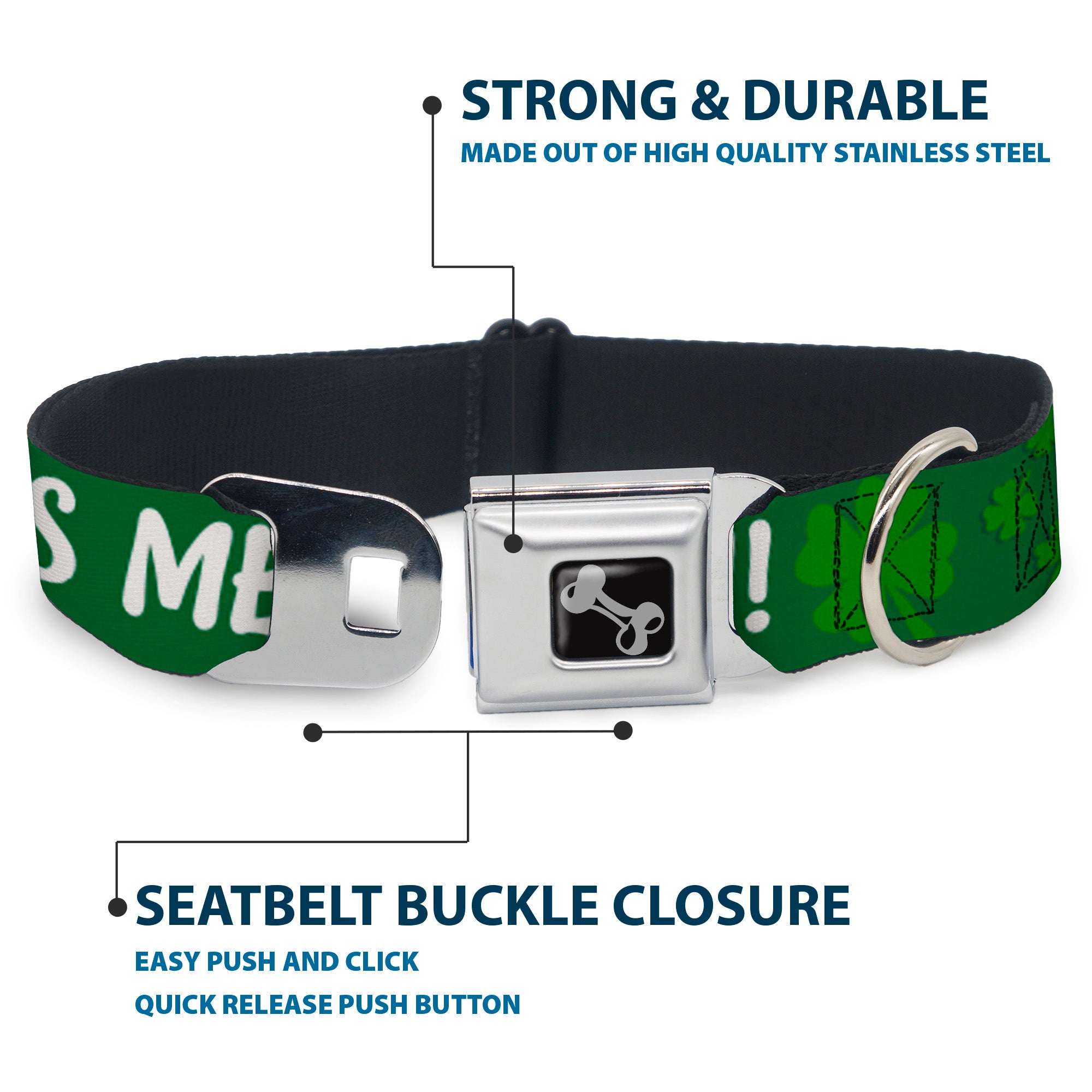 Dog Bone Seatbelt Buckle Collar - KISS ME, I'M IRISH! Clovers Green/White Seatbelt Buckle Collars Buckle-Down
