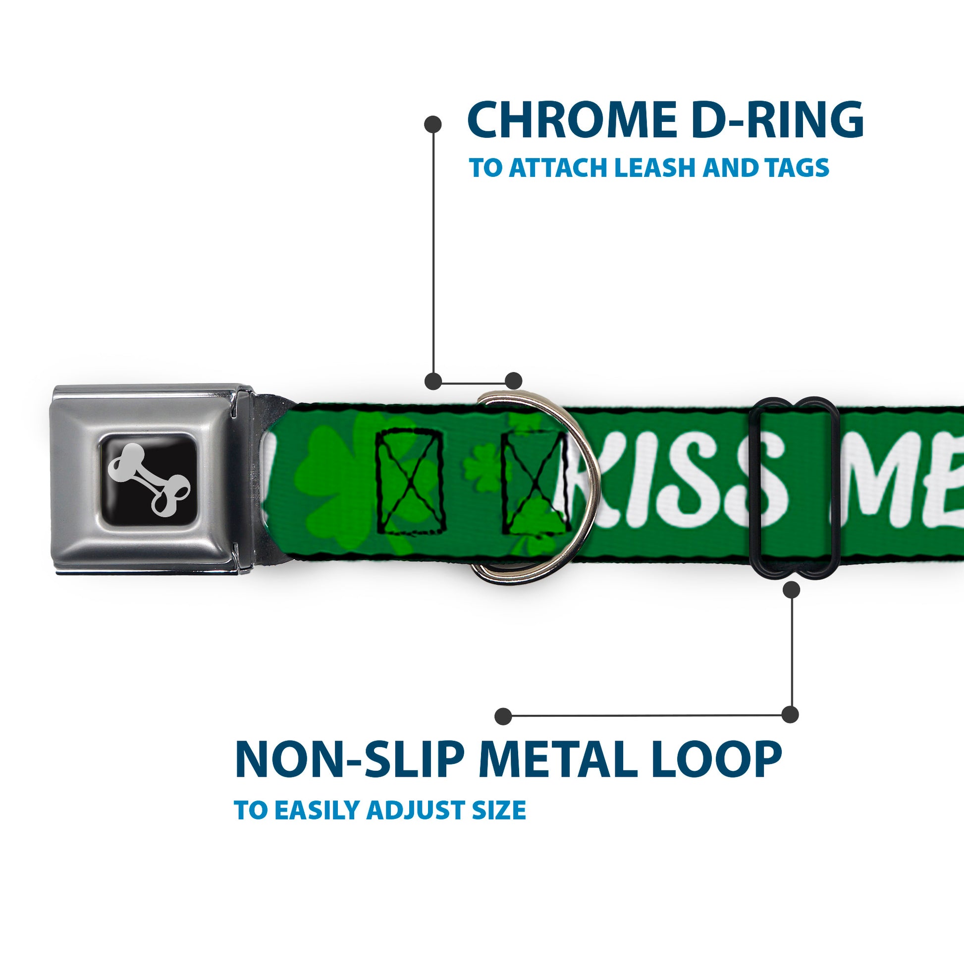 Dog Bone Seatbelt Buckle Collar - KISS ME, I'M IRISH! Clovers Green/White Seatbelt Buckle Collars Buckle-Down