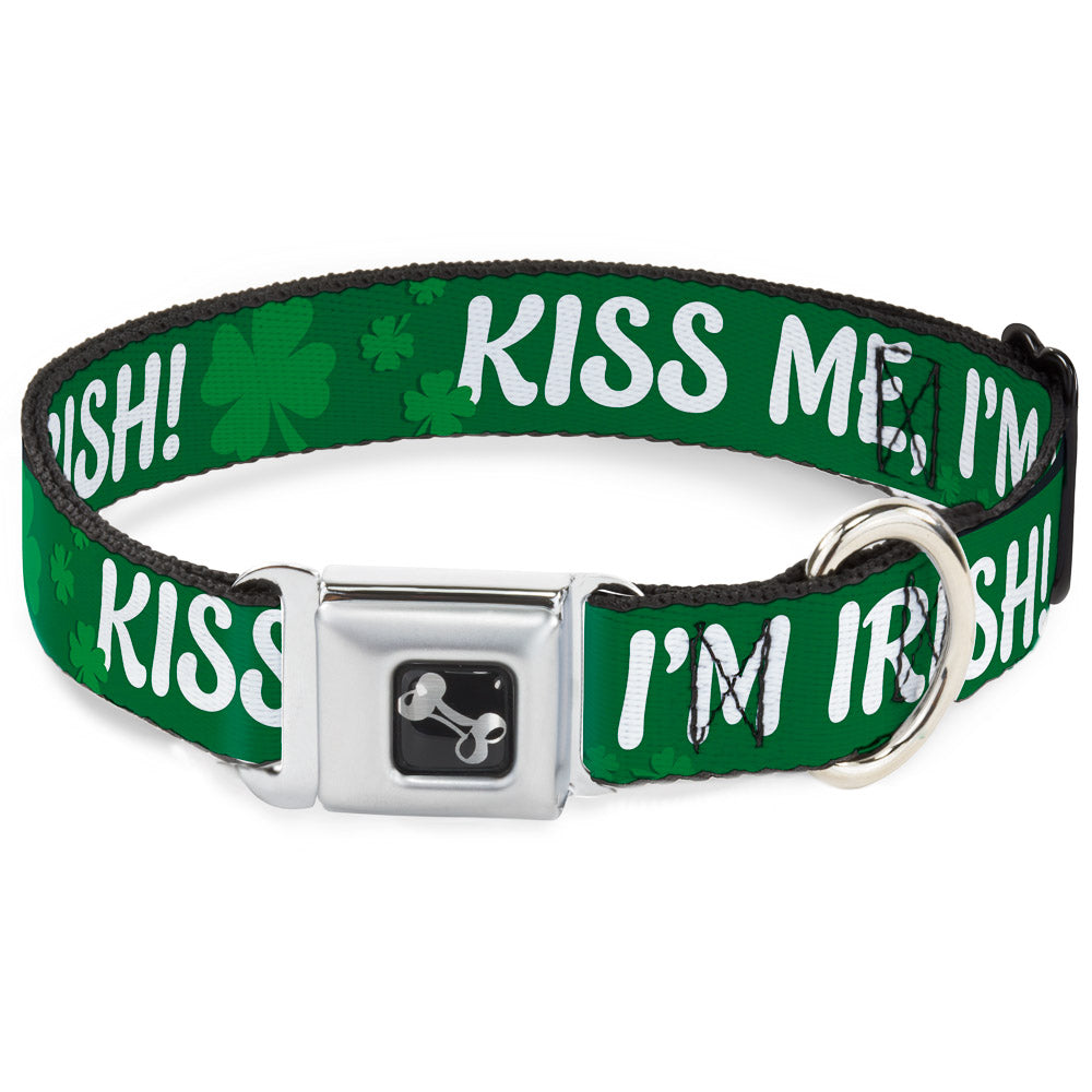 Dog Bone Seatbelt Buckle Collar - KISS ME, I'M IRISH! Clovers Green/White Seatbelt Buckle Collars Buckle-Down