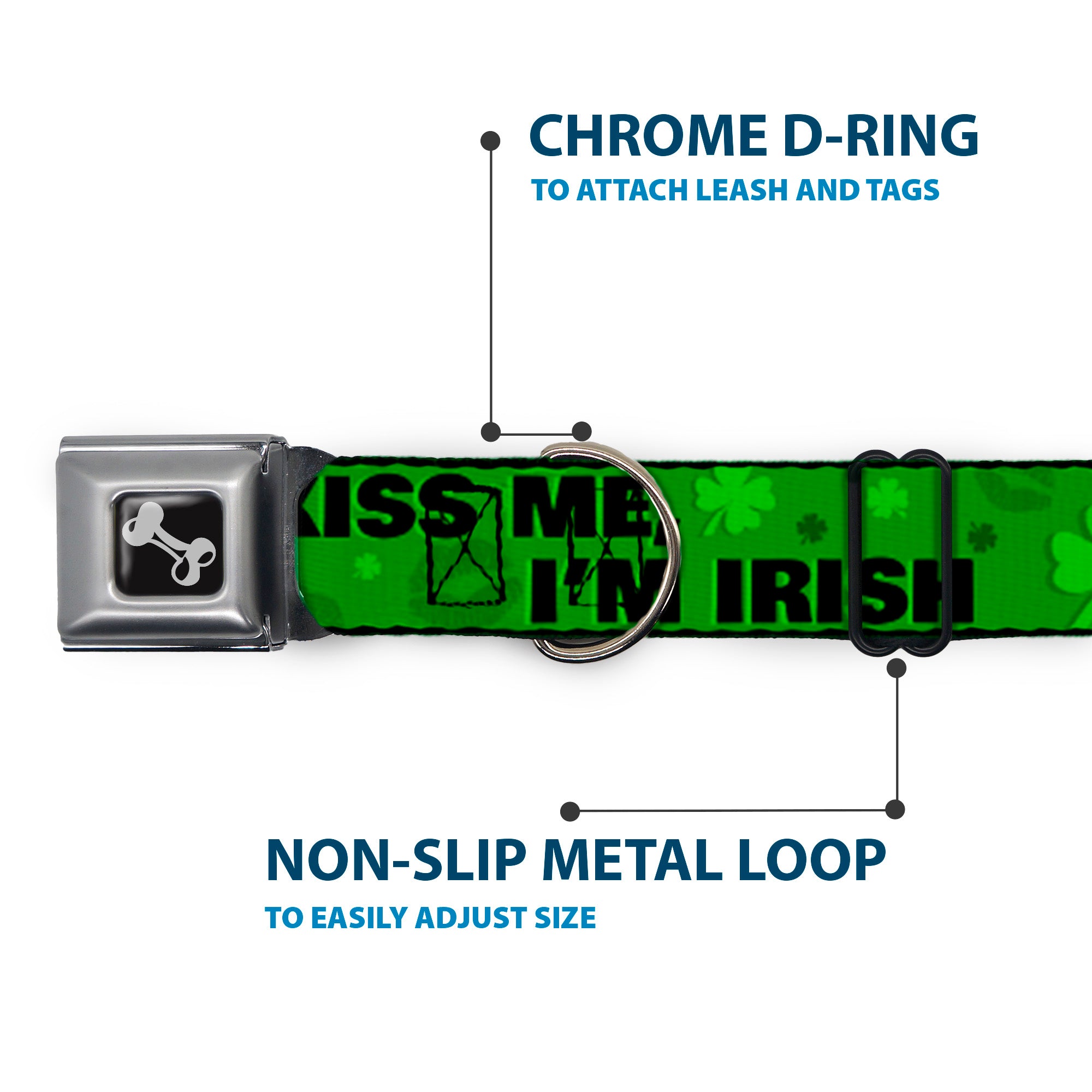 Dog Bone Seatbelt Buckle Collar - KISS ME, I'M IRISH! Clovers/Kisses Greens/Black Seatbelt Buckle Collars Buckle-Down