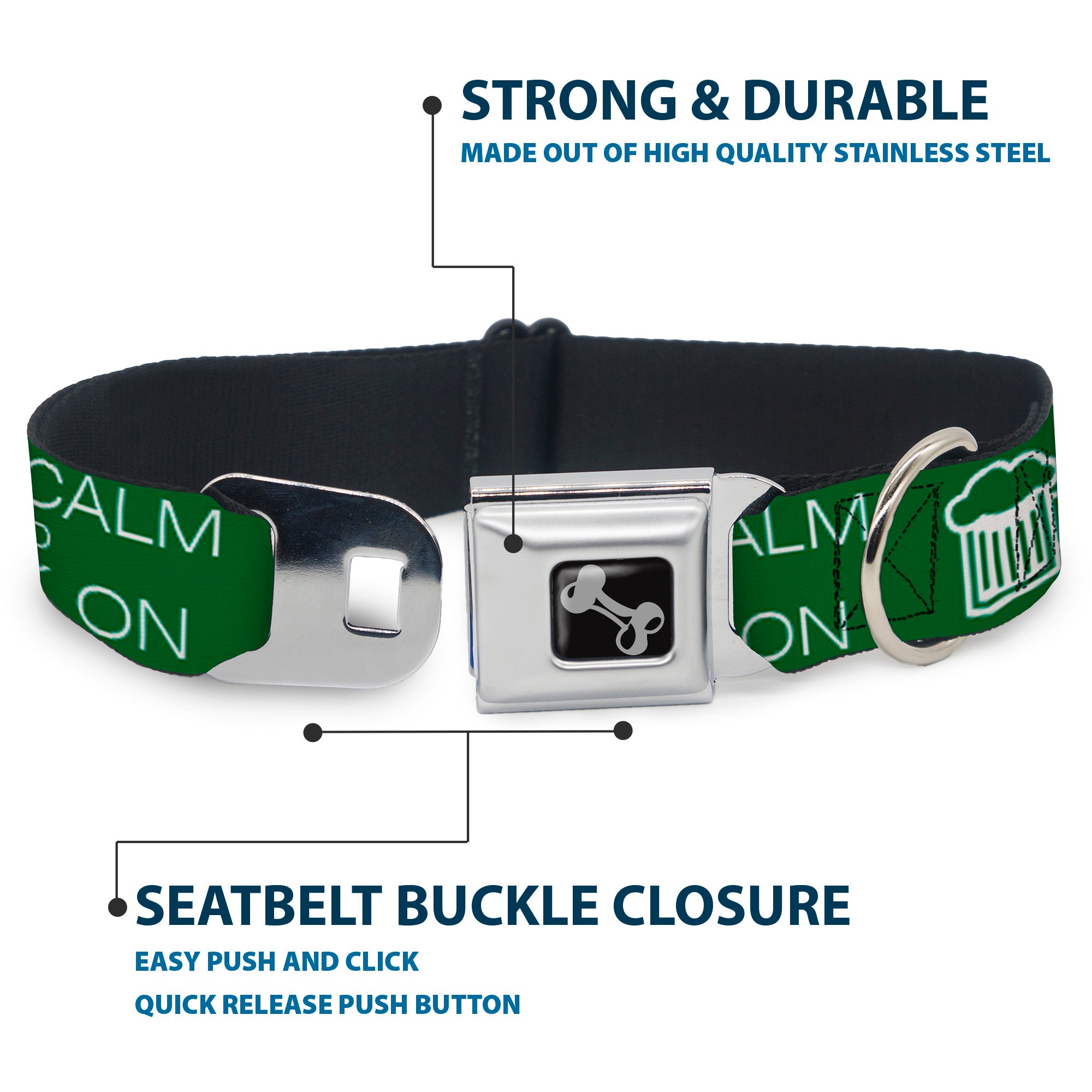 Buckle-Down Seatbelt Buckle Dog Collar - KEEP CALM AND DRINK ON/Beer Green/White Seatbelt Buckle Collars Buckle-Down