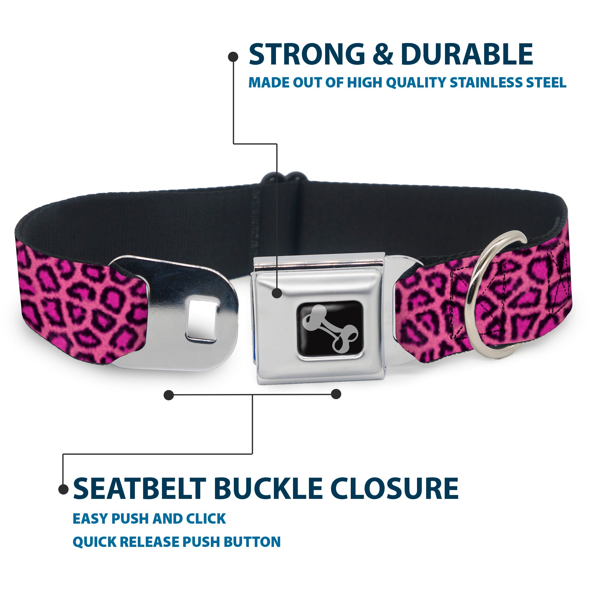 Dog Bone Seatbelt Buckle Collar - Leopard Pink Fuchsia Seatbelt Buckle Collars Buckle-Down