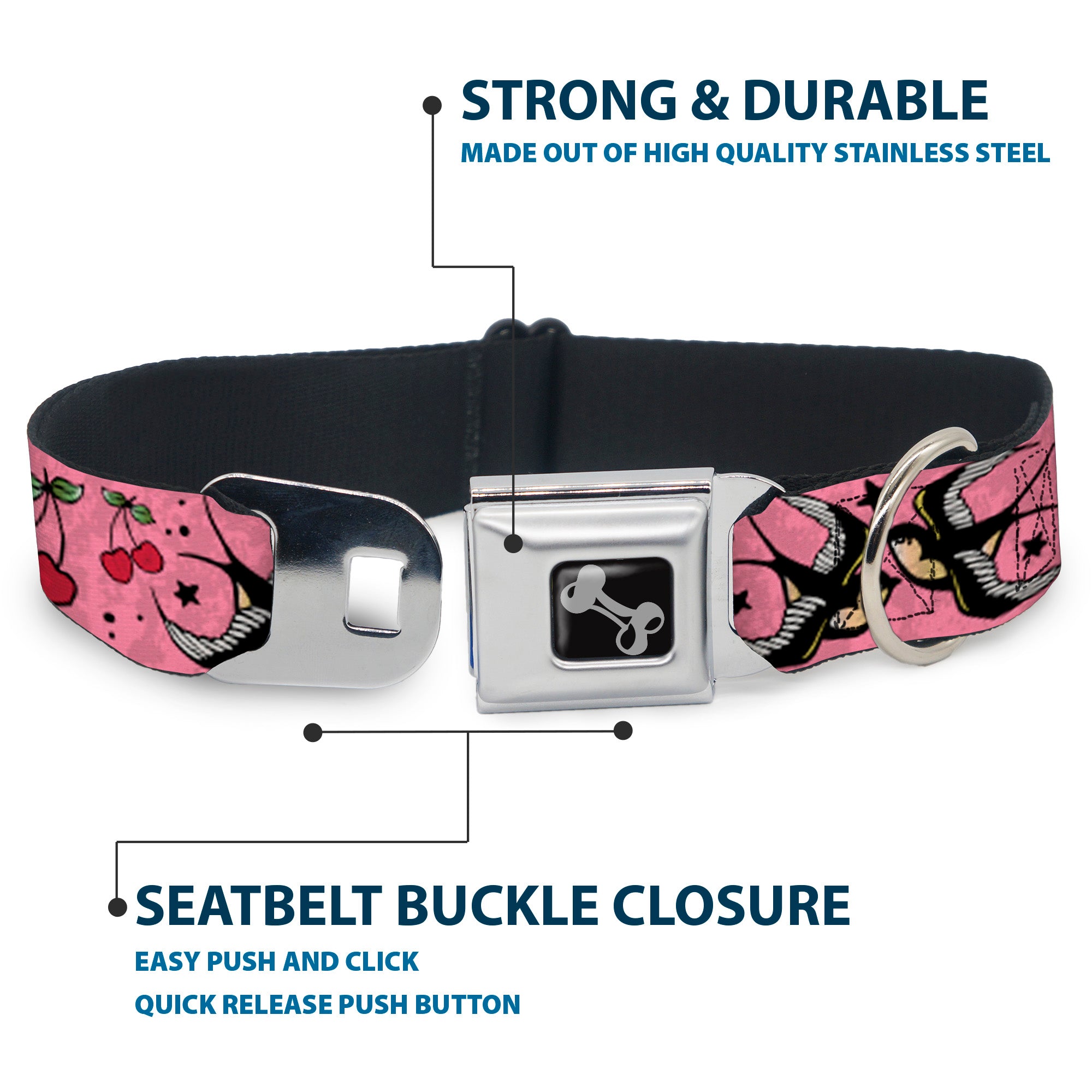 Dog Bone Seatbelt Buckle Collar - Lucky CLOSE-UP Pink Seatbelt Buckle Collars Buckle-Down