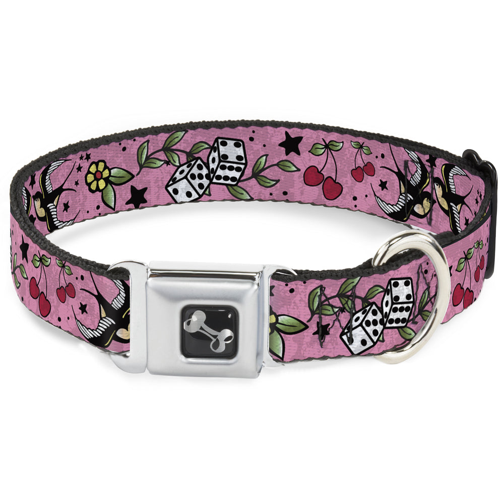 Dog Bone Seatbelt Buckle Collar - Lucky CLOSE-UP Pink Seatbelt Buckle Collars Buckle-Down