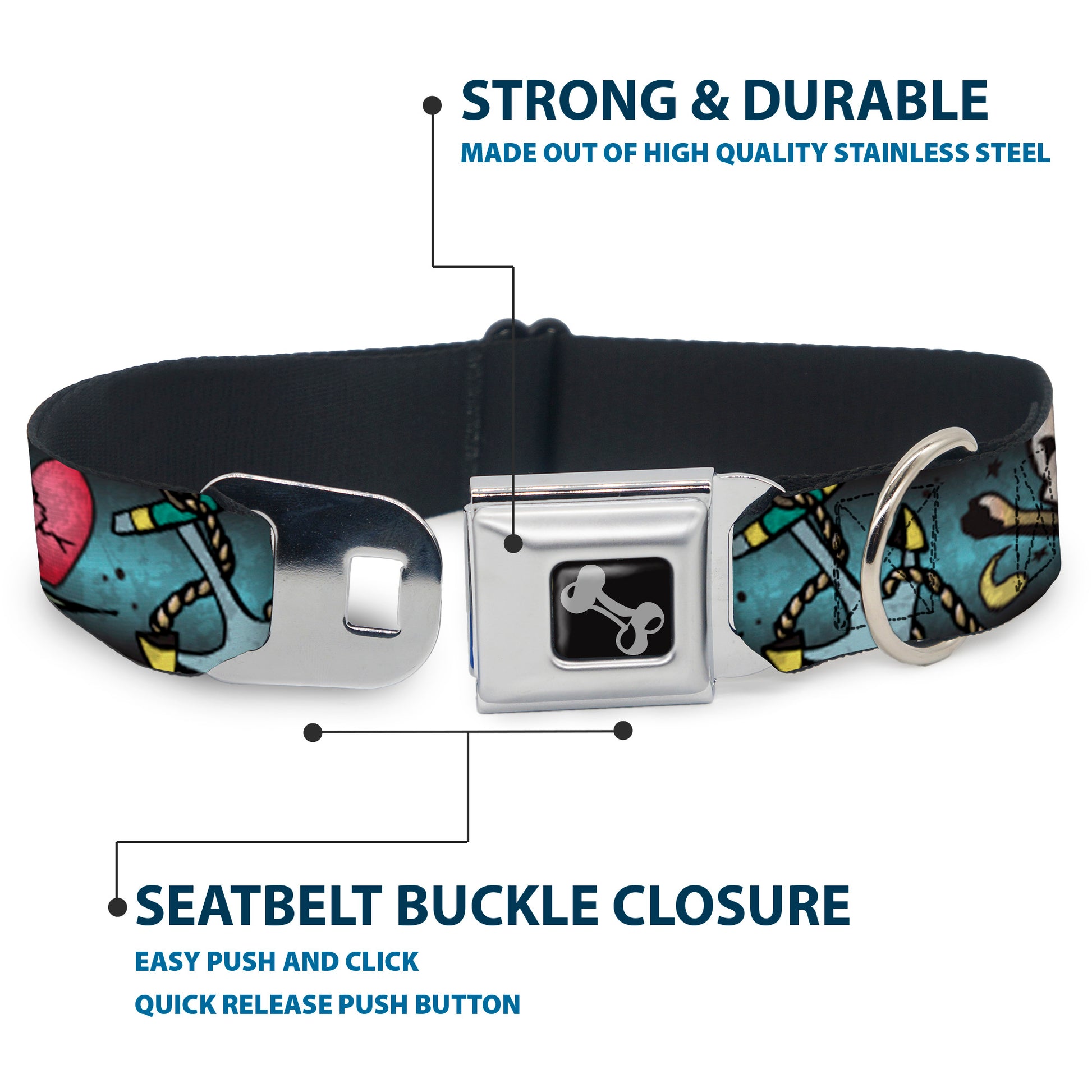 Dog Bone Seatbelt Buckle Collar - Live Hard Die Young CLOSE-UP Turquoise Seatbelt Buckle Collars Buckle-Down
