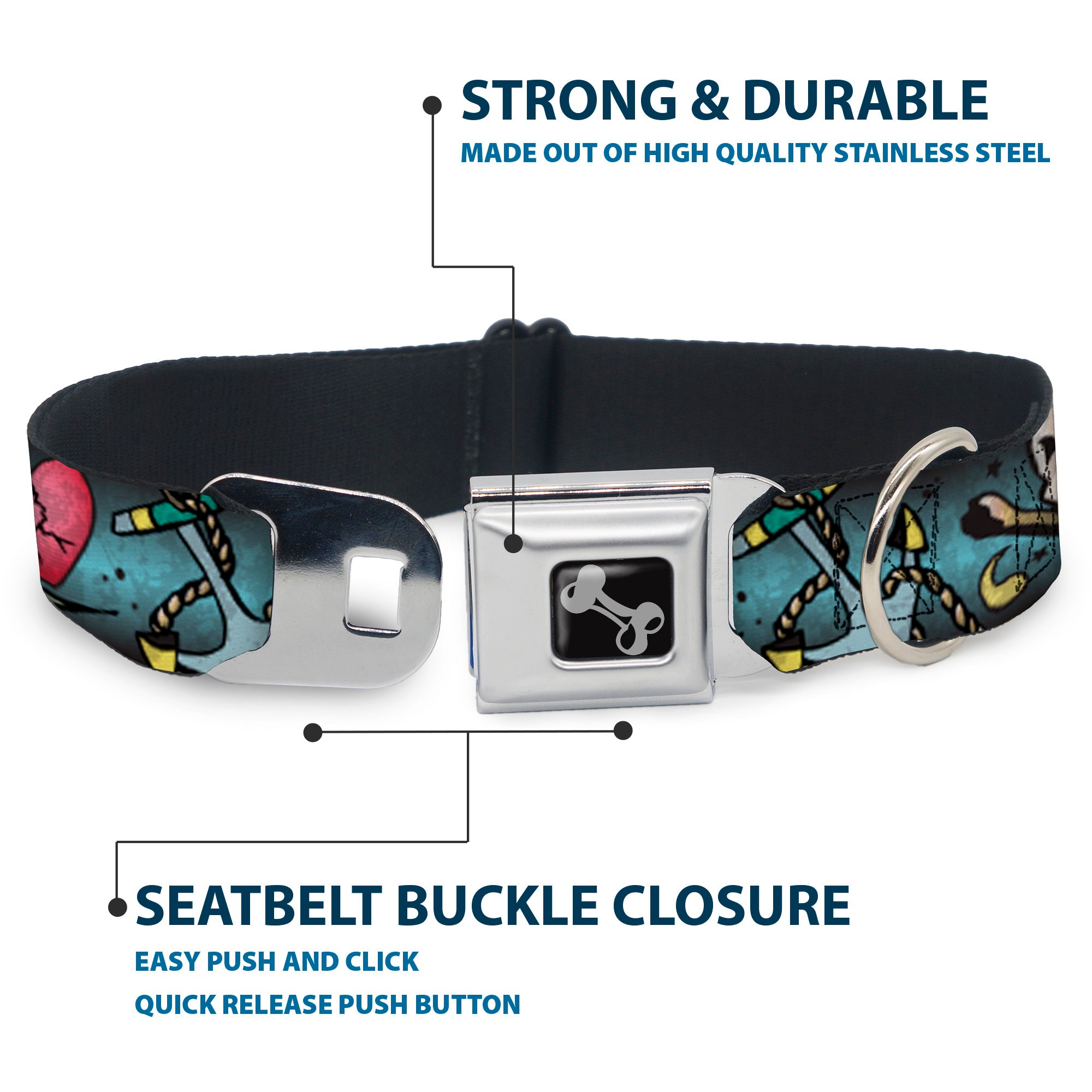 Dog Bone Seatbelt Buckle Collar - Live Hard Die Young CLOSE-UP Turquoise Seatbelt Buckle Collars Buckle-Down