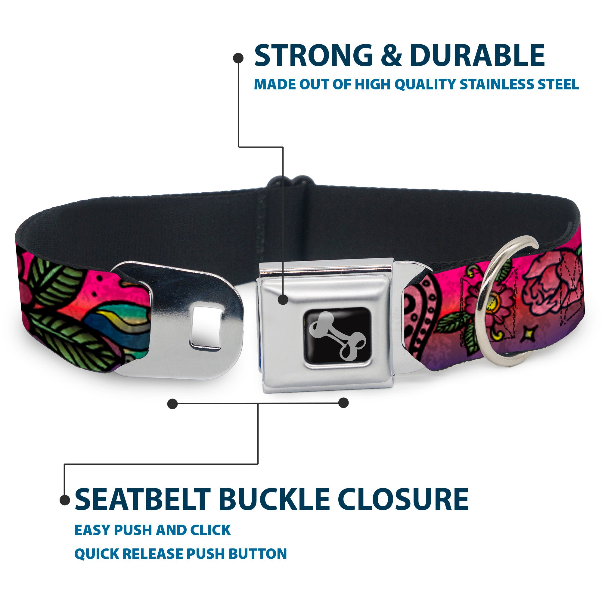 Dog Bone Seatbelt Buckle Collar - Love Kills CLOSE-UP Pink Seatbelt Buckle Collars Buckle-Down