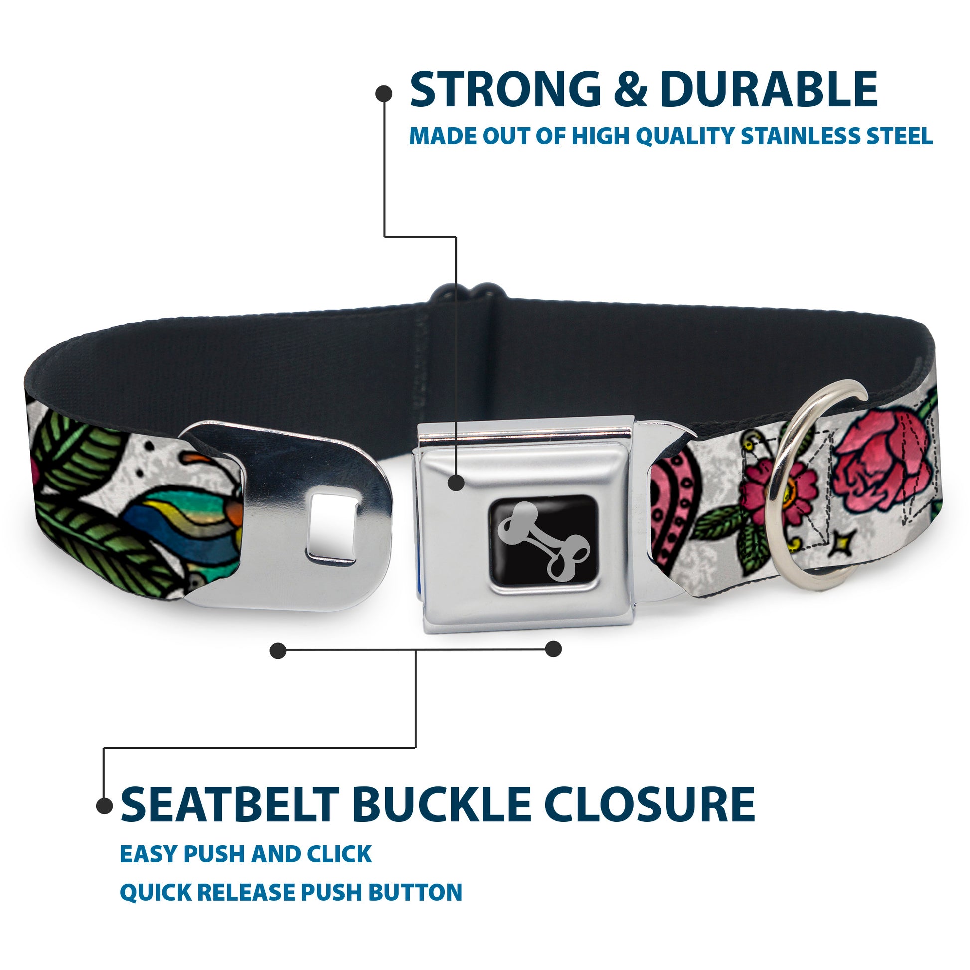 Dog Bone Seatbelt Buckle Collar - Love Kills CLOSE-UP White Seatbelt Buckle Collars Buckle-Down