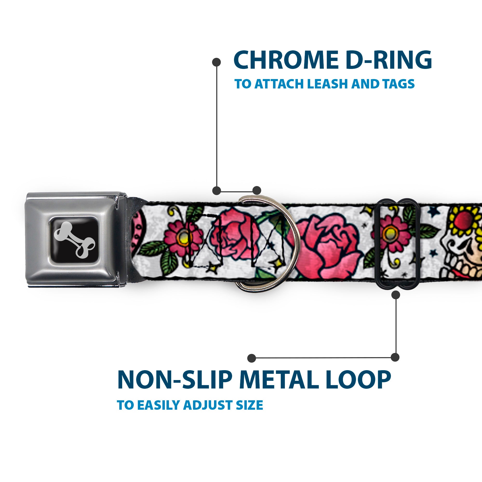 Dog Bone Seatbelt Buckle Collar - Love Kills CLOSE-UP White Seatbelt Buckle Collars Buckle-Down