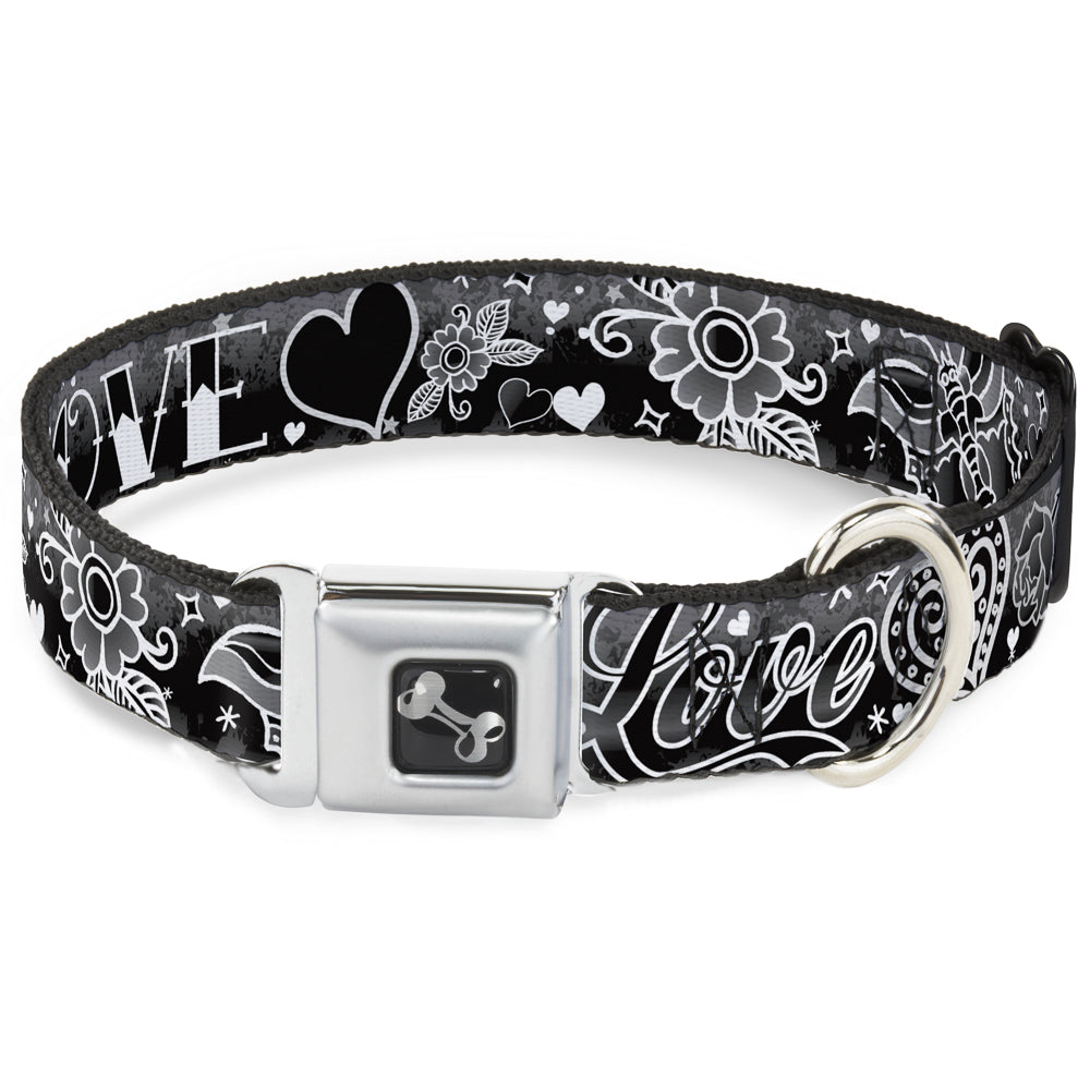 Dog Bone Seatbelt Buckle Collar - Love Love Black/White Seatbelt Buckle Collars Buckle-Down
