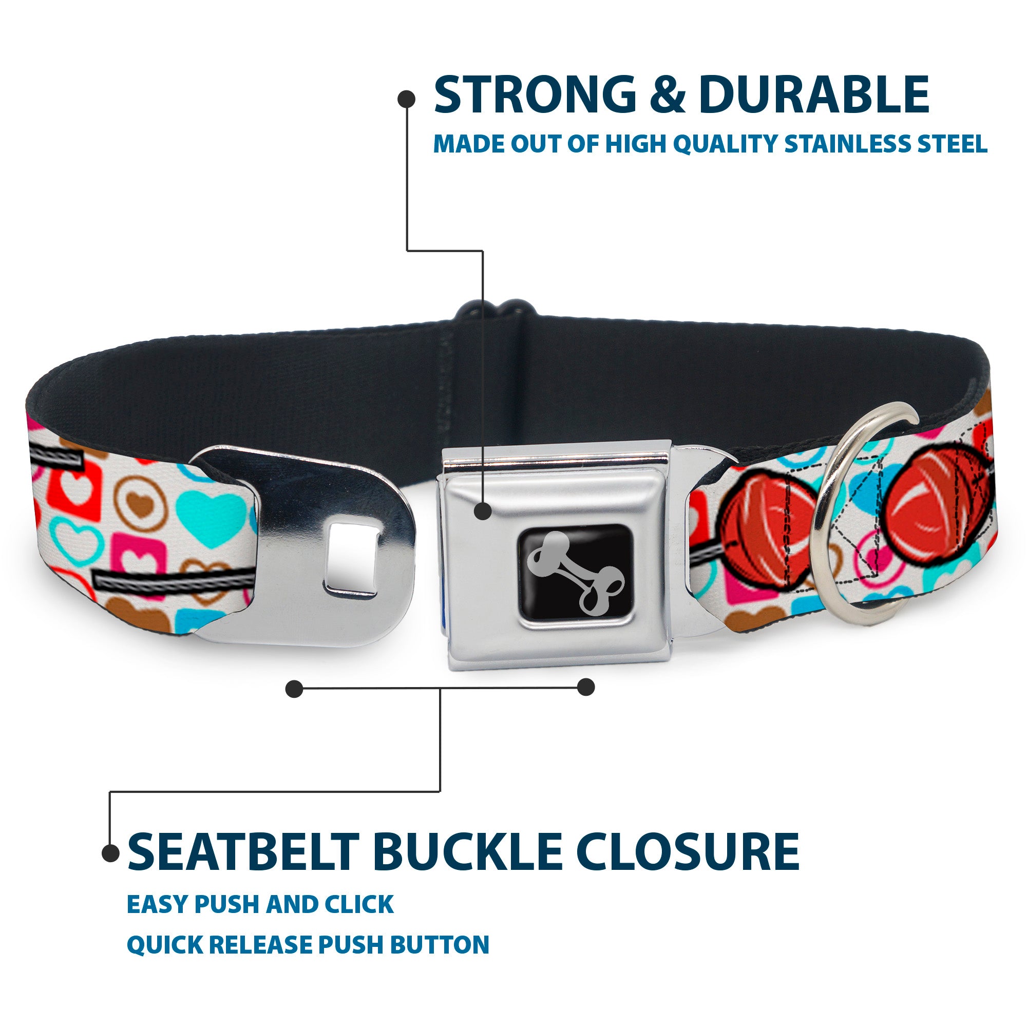 Dog Bone Seatbelt Buckle Collar - Lollipop Hearts White Seatbelt Buckle Collars Buckle-Down