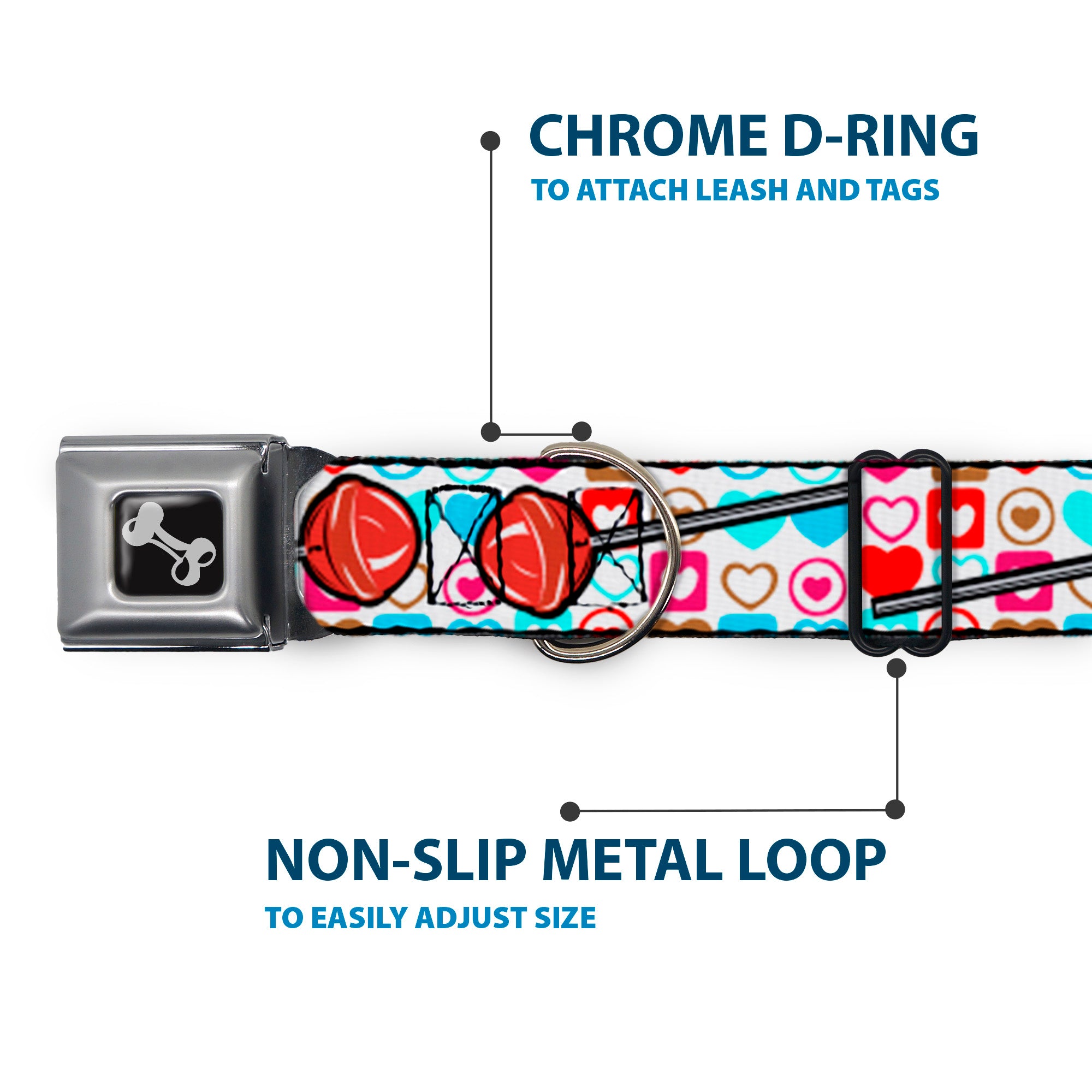 Dog Bone Seatbelt Buckle Collar - Lollipop Hearts White Seatbelt Buckle Collars Buckle-Down