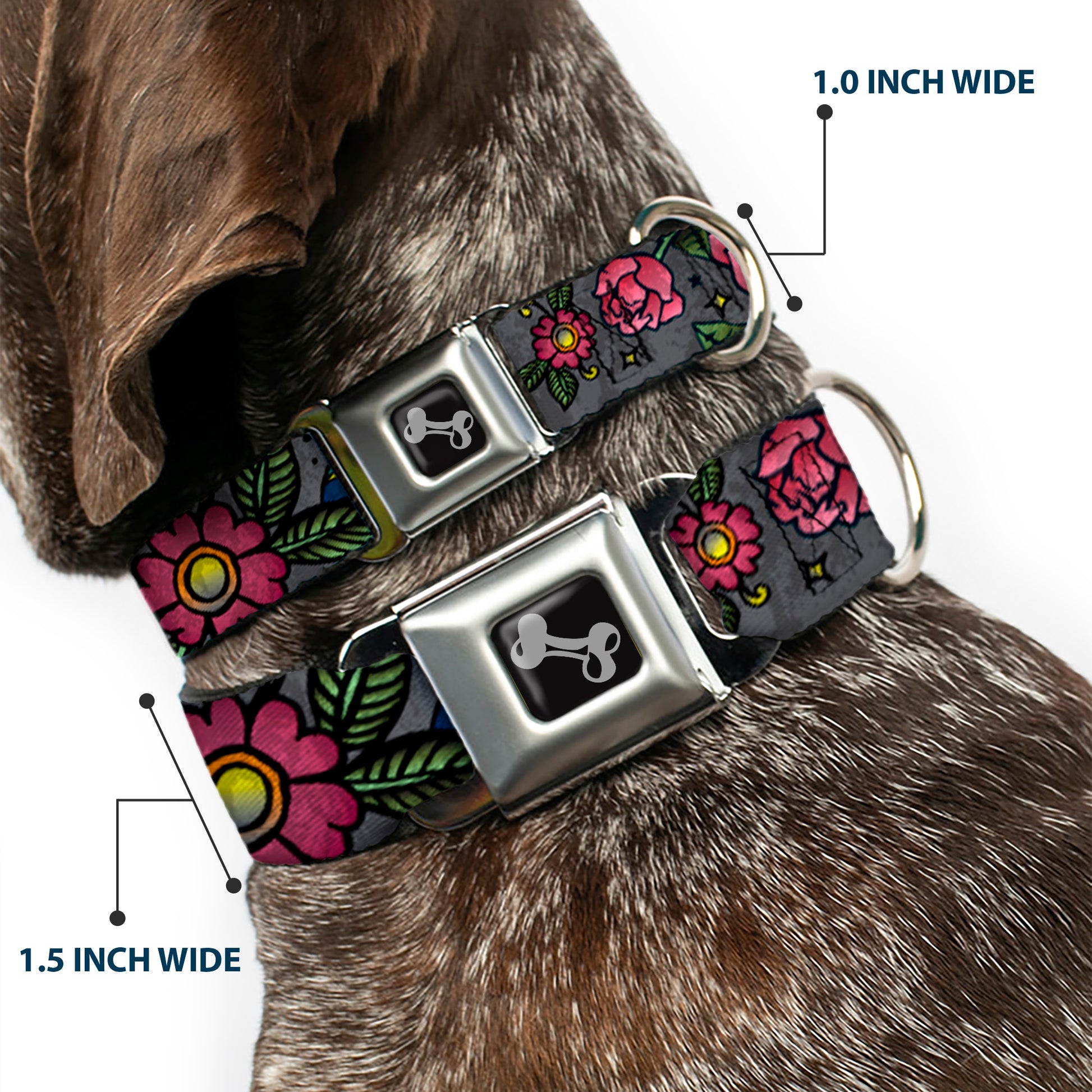 Dog Bone Seatbelt Buckle Collar - Love Kills CLOSE-UP Gray Seatbelt Buckle Collars Buckle-Down