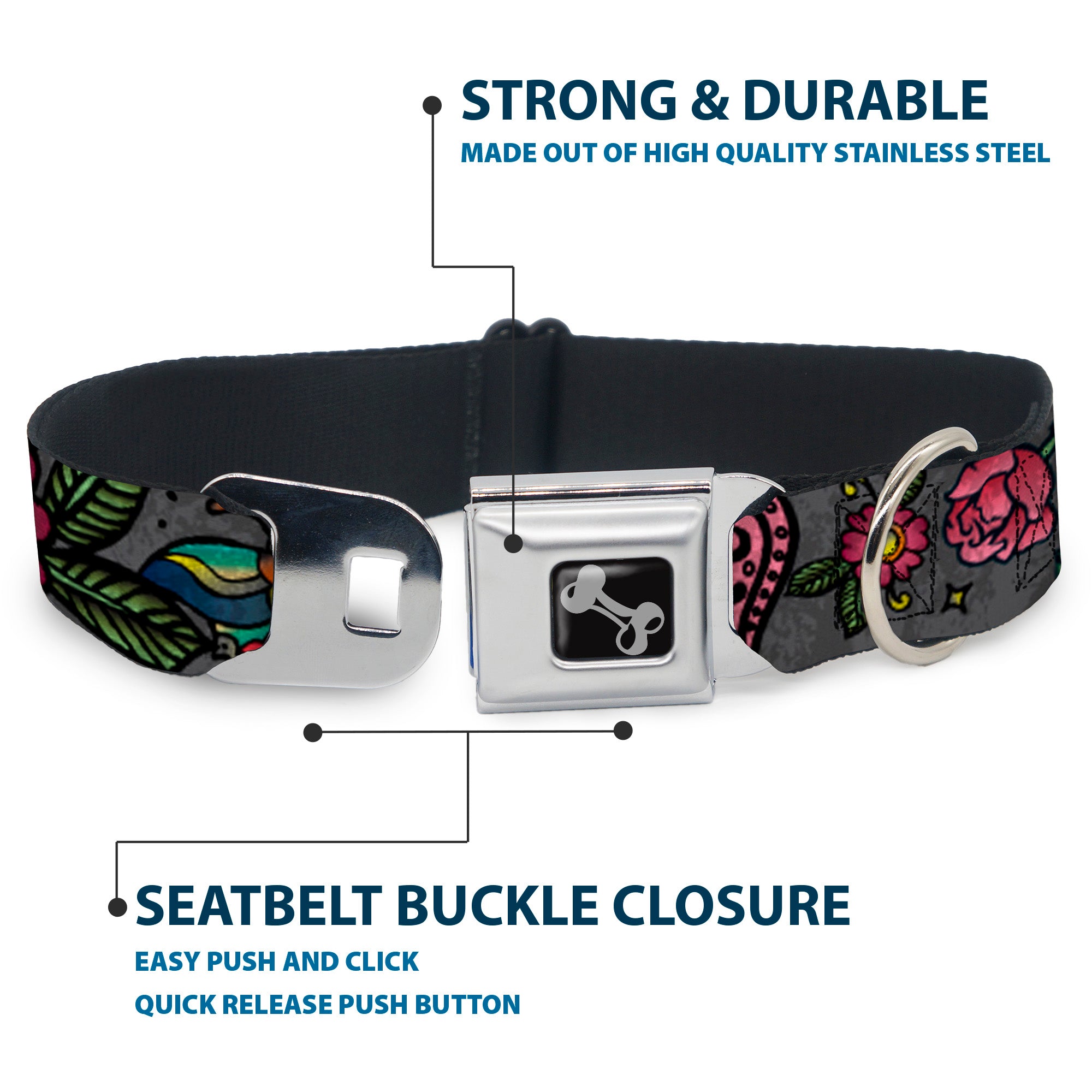 Dog Bone Seatbelt Buckle Collar - Love Kills CLOSE-UP Gray Seatbelt Buckle Collars Buckle-Down