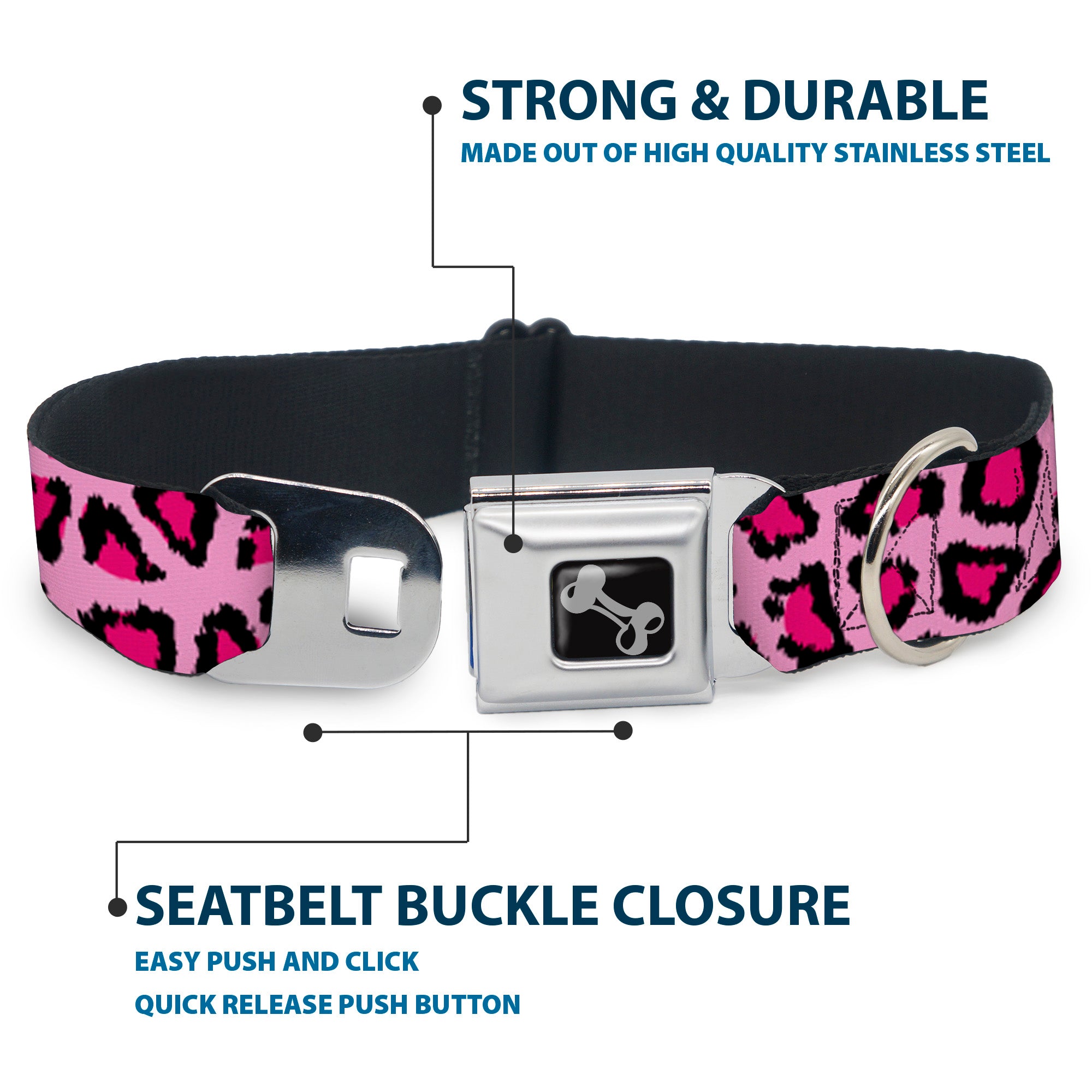 Dog Bone Seatbelt Buckle Collar - Leopard CLOSE-UP Pink Seatbelt Buckle Collars Buckle-Down