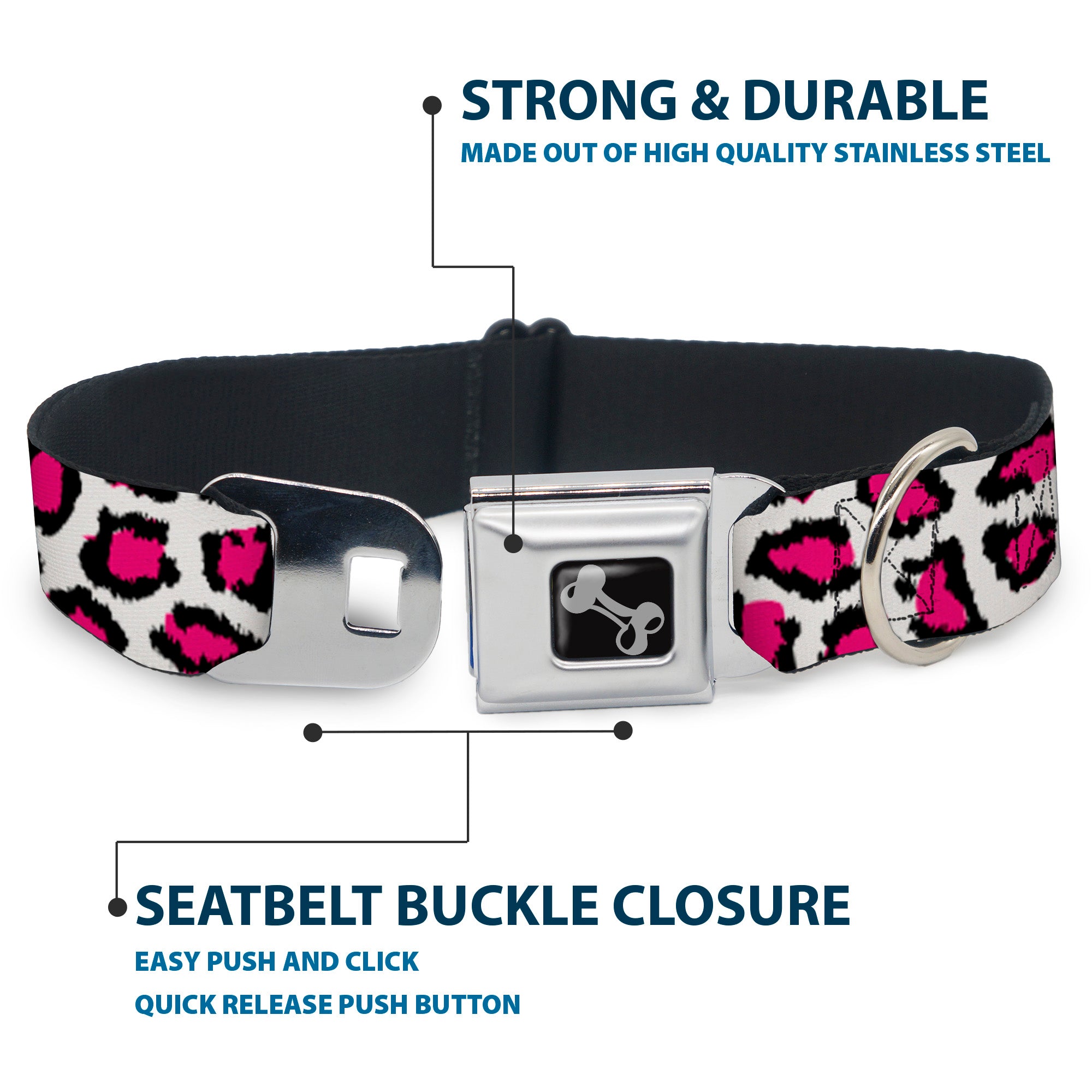 Dog Bone Seatbelt Buckle Collar - Leopard White/Fuchsia Seatbelt Buckle Collars Buckle-Down