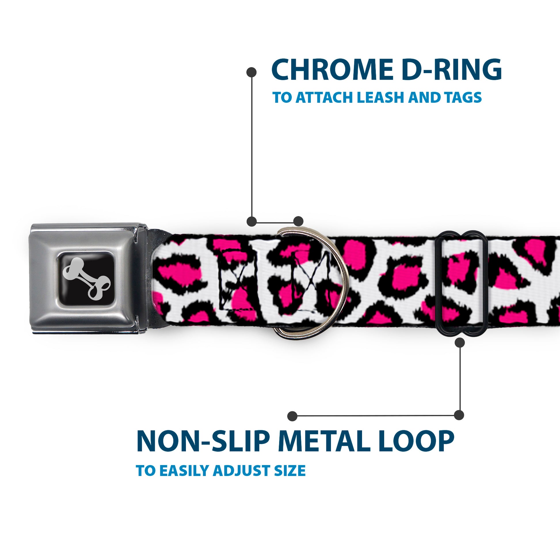 Dog Bone Seatbelt Buckle Collar - Leopard White/Fuchsia Seatbelt Buckle Collars Buckle-Down