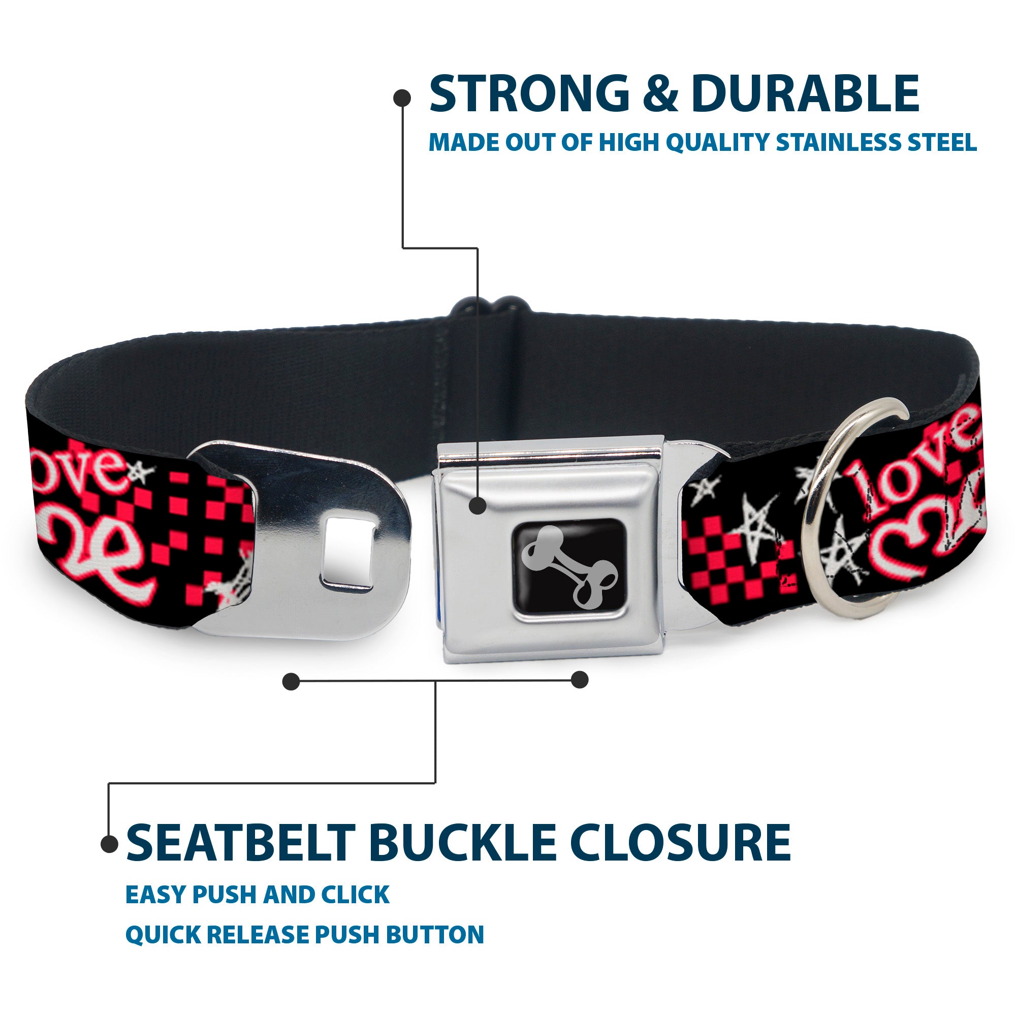 Dog Bone Seatbelt Buckle Collar - Love Me w/Sketch Stars & Checkers Black/Fuchsia/White Seatbelt Buckle Collars Buckle-Down