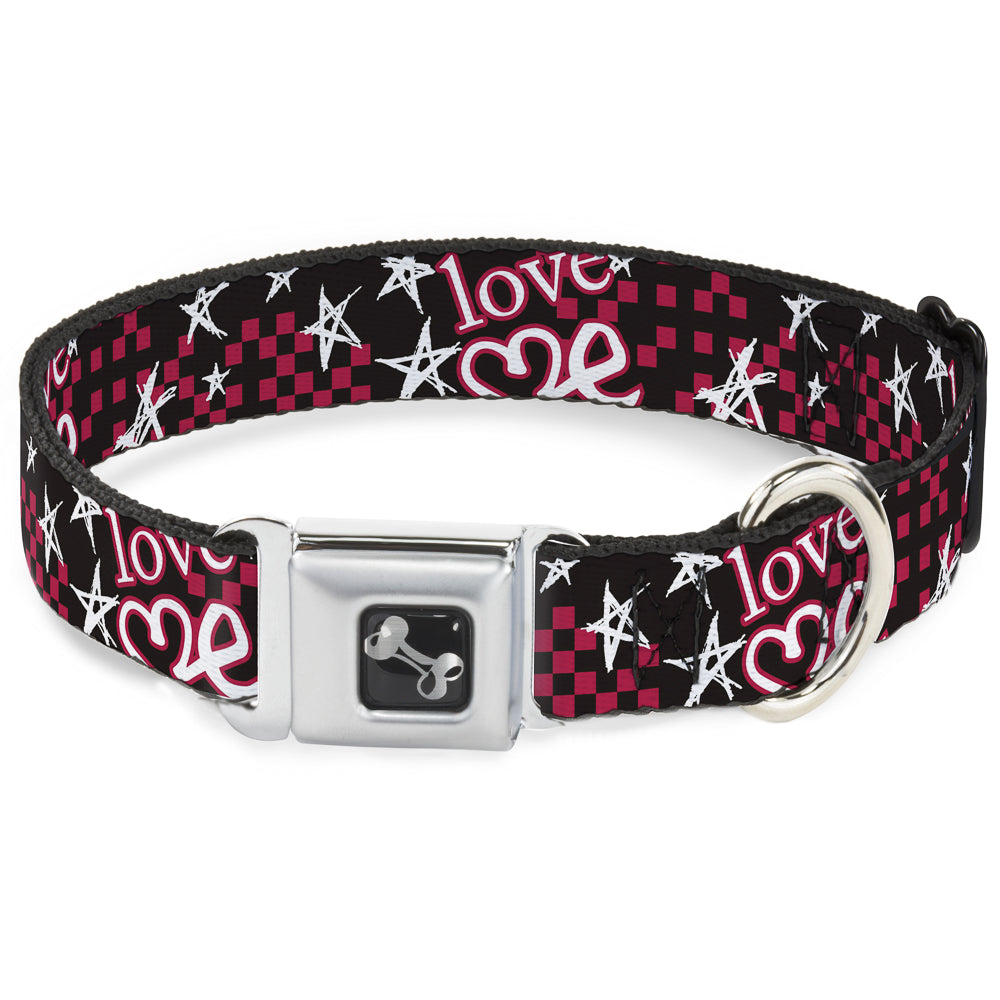 Dog Bone Seatbelt Buckle Collar - Love Me w/Sketch Stars & Checkers Black/Fuchsia/White Seatbelt Buckle Collars Buckle-Down