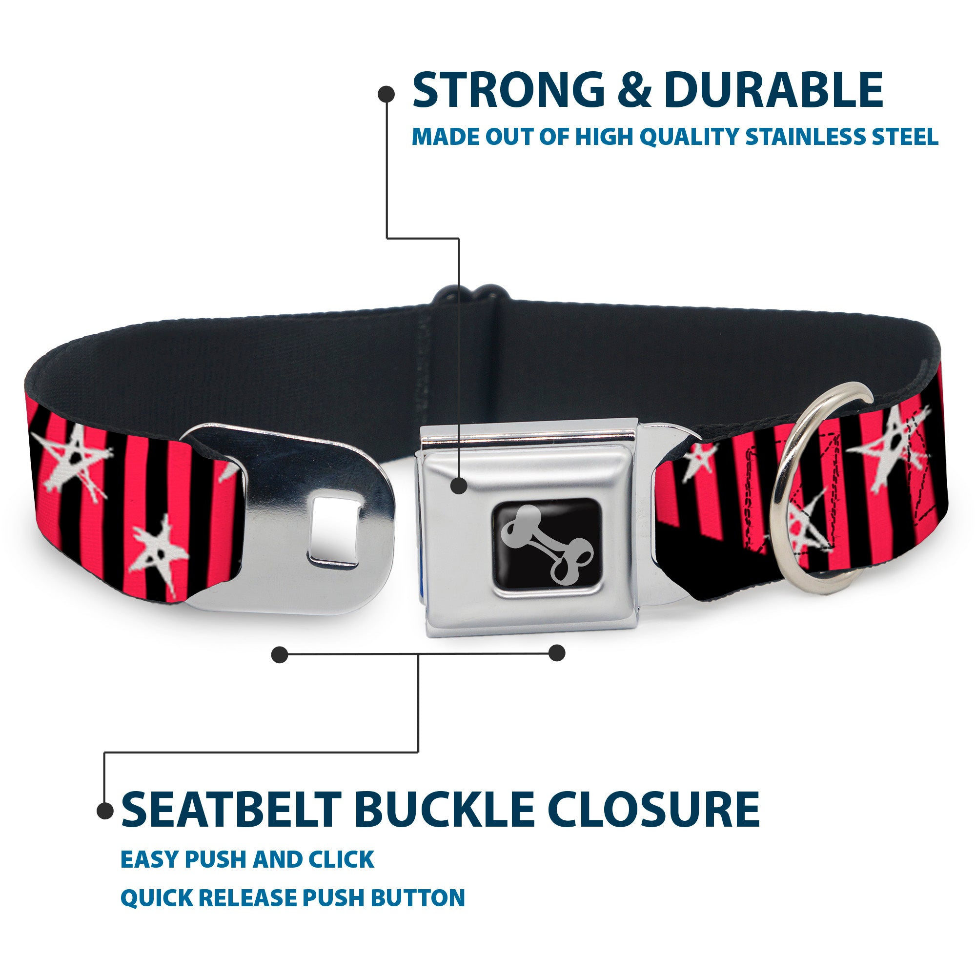 Dog Bone Seatbelt Buckle Collar - Love Me w/Sketch Stars & Stripes Black/Fuchsia/White Seatbelt Buckle Collars Buckle-Down