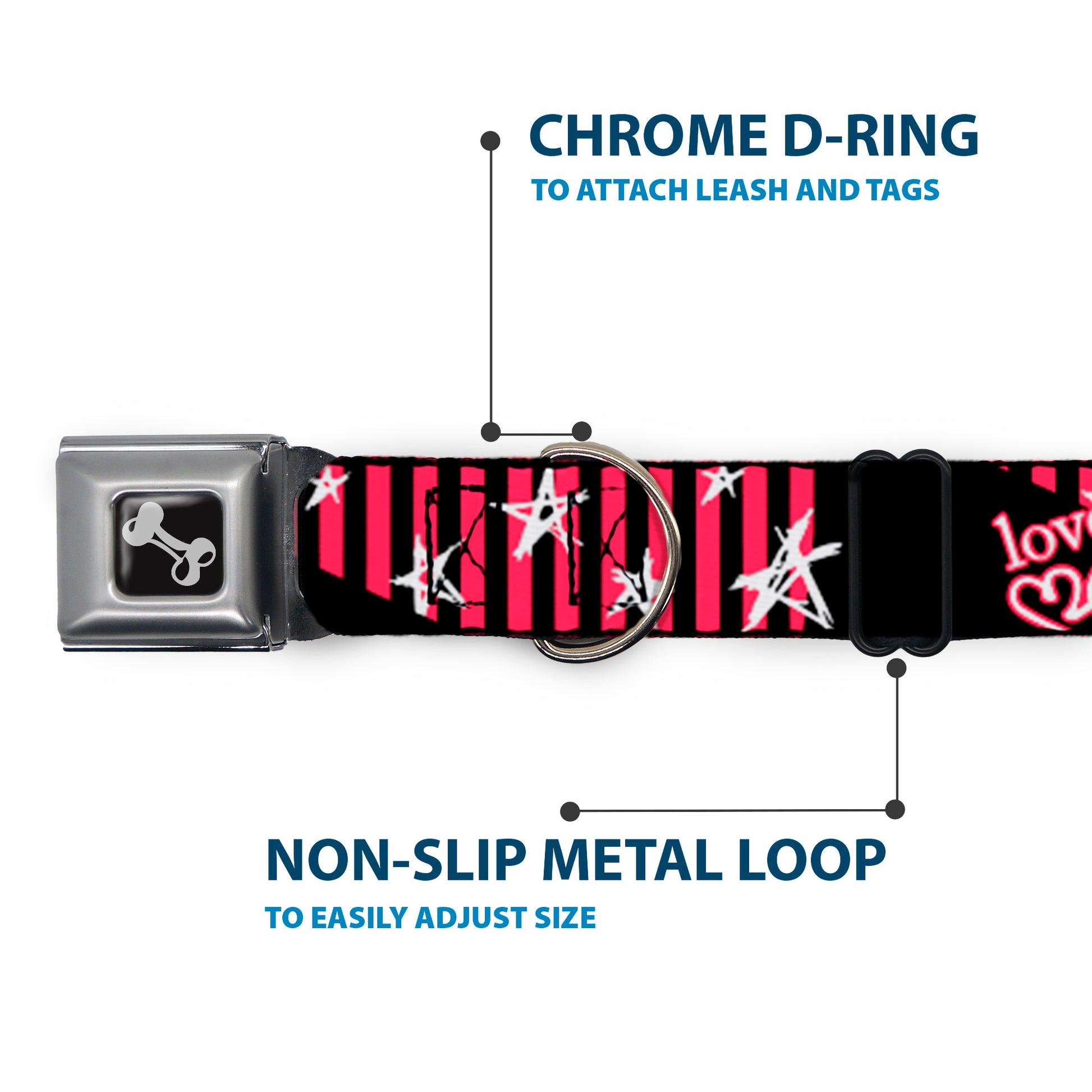 Dog Bone Seatbelt Buckle Collar - Love Me w/Sketch Stars & Stripes Black/Fuchsia/White Seatbelt Buckle Collars Buckle-Down