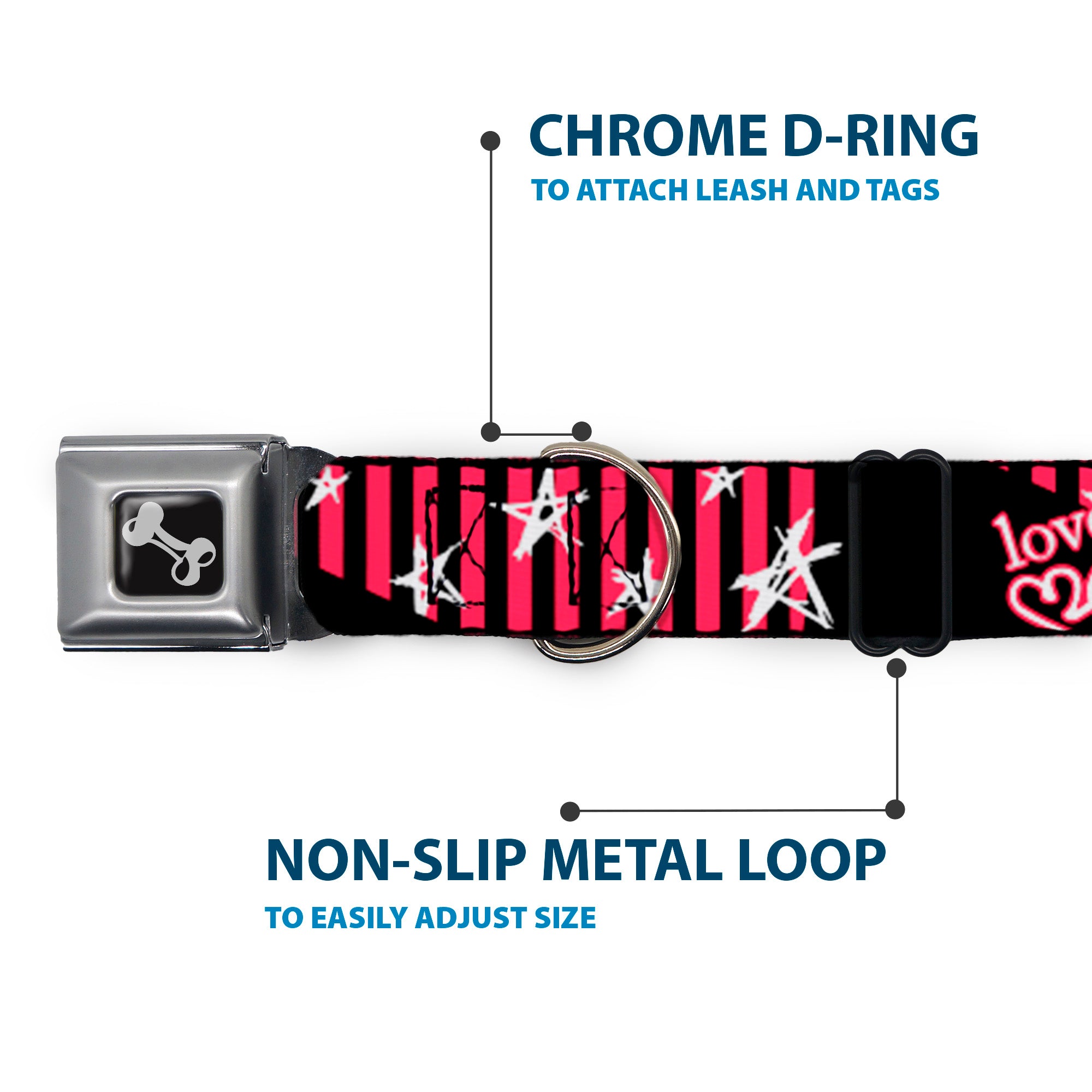 Dog Bone Seatbelt Buckle Collar - Love Me w/Sketch Stars & Stripes Black/Fuchsia/White Seatbelt Buckle Collars Buckle-Down