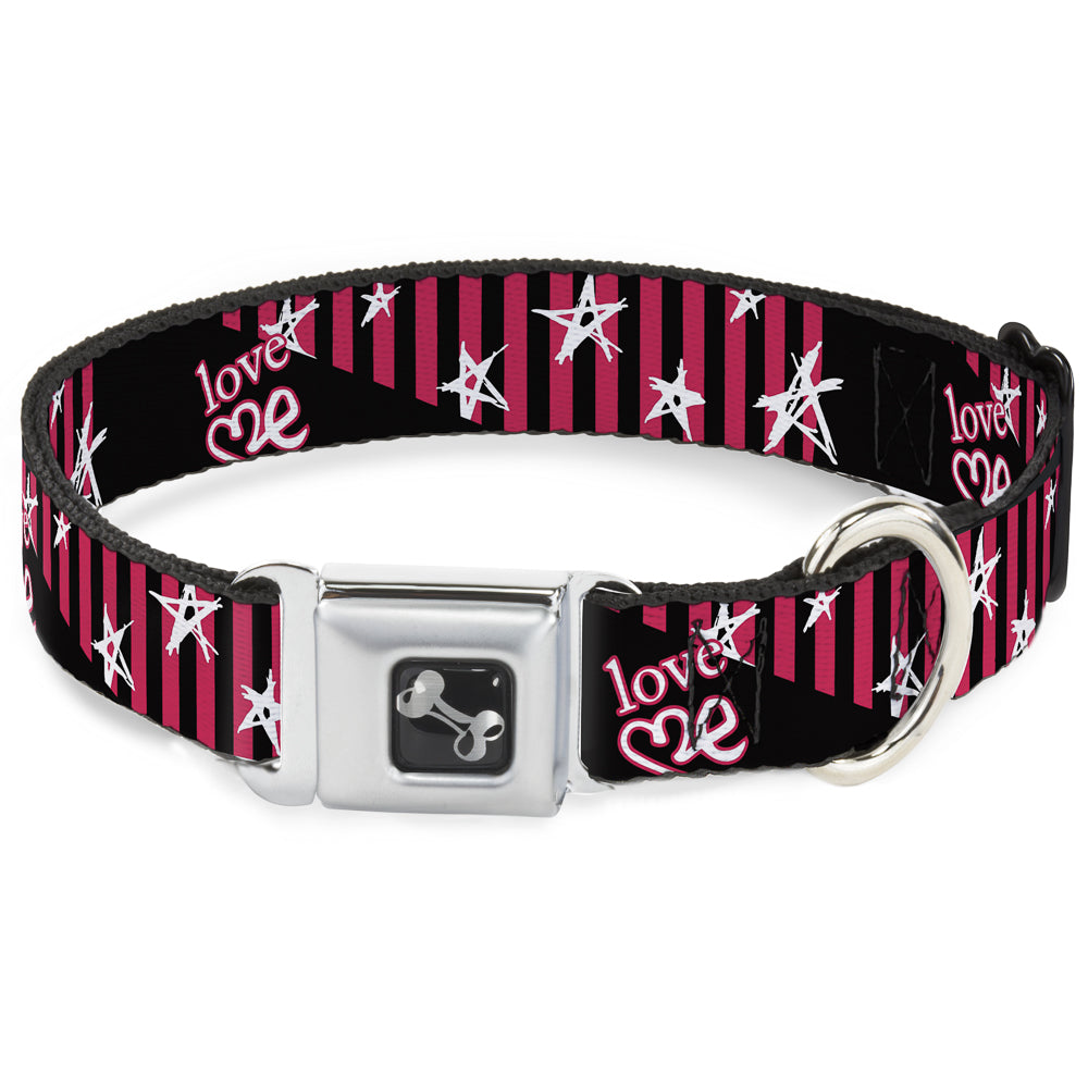 Dog Bone Seatbelt Buckle Collar - Love Me w/Sketch Stars & Stripes Black/Fuchsia/White Seatbelt Buckle Collars Buckle-Down